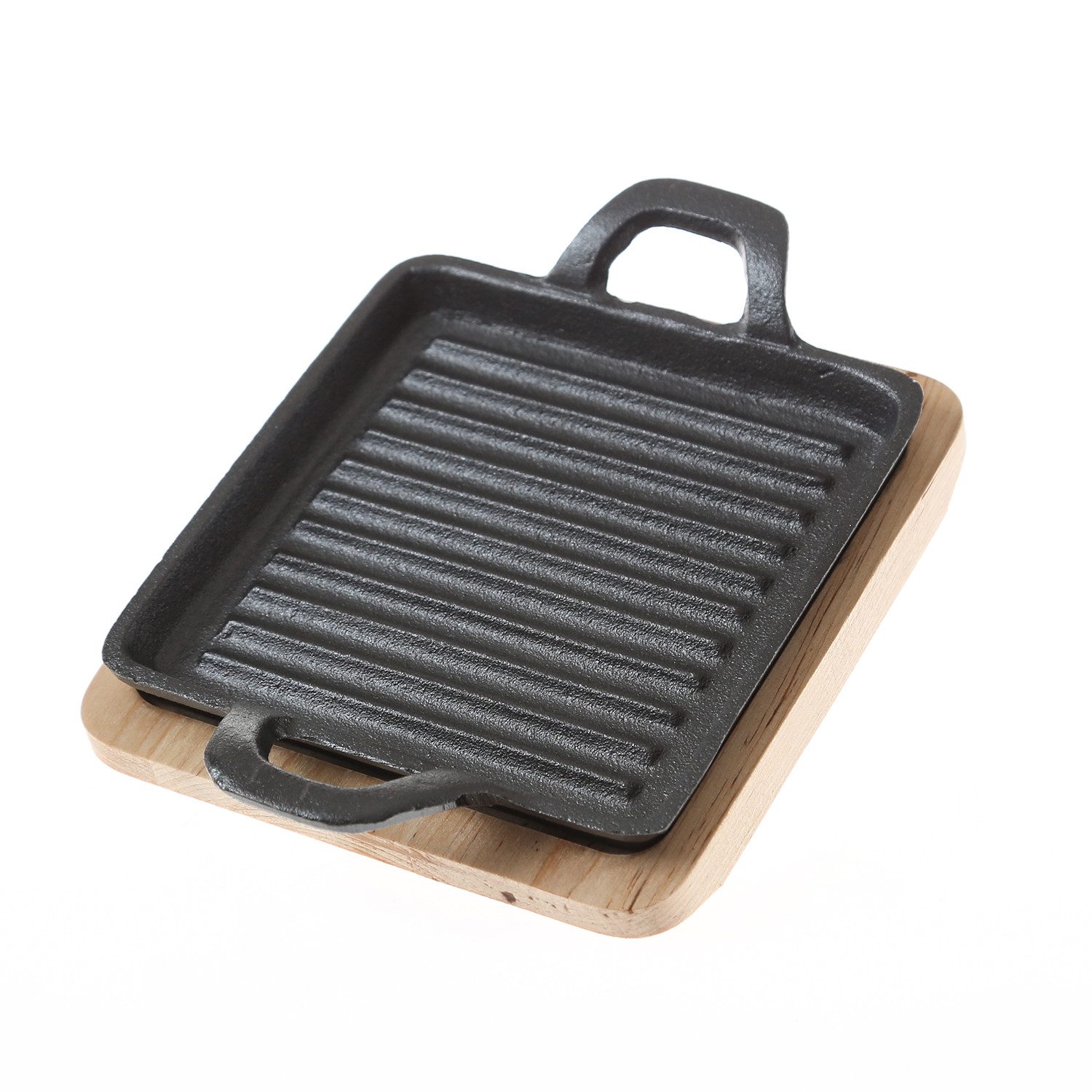 GAUMENKICK Grillpfanne Gusspfanne mit 2 Griffen u. Holzuntersetzer Servierpfanne 14x14cm, Gusseisen (1-tlg)