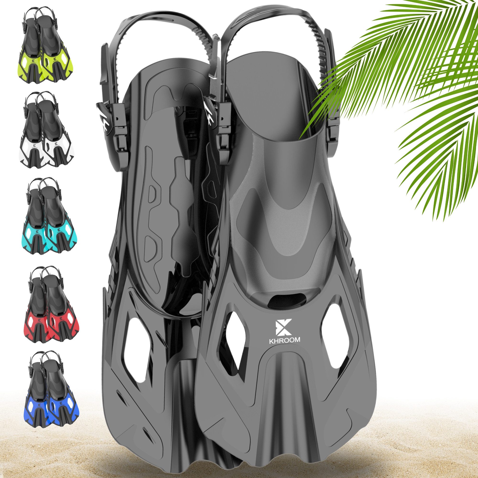 Khroom Flosse Gr.32-47 Erwachsene und Kinder Schwimmflossen Kurzflossen Schnorcheln (Schnorchelflossen), verstellbar, kurz, leichtes Reisegepäck