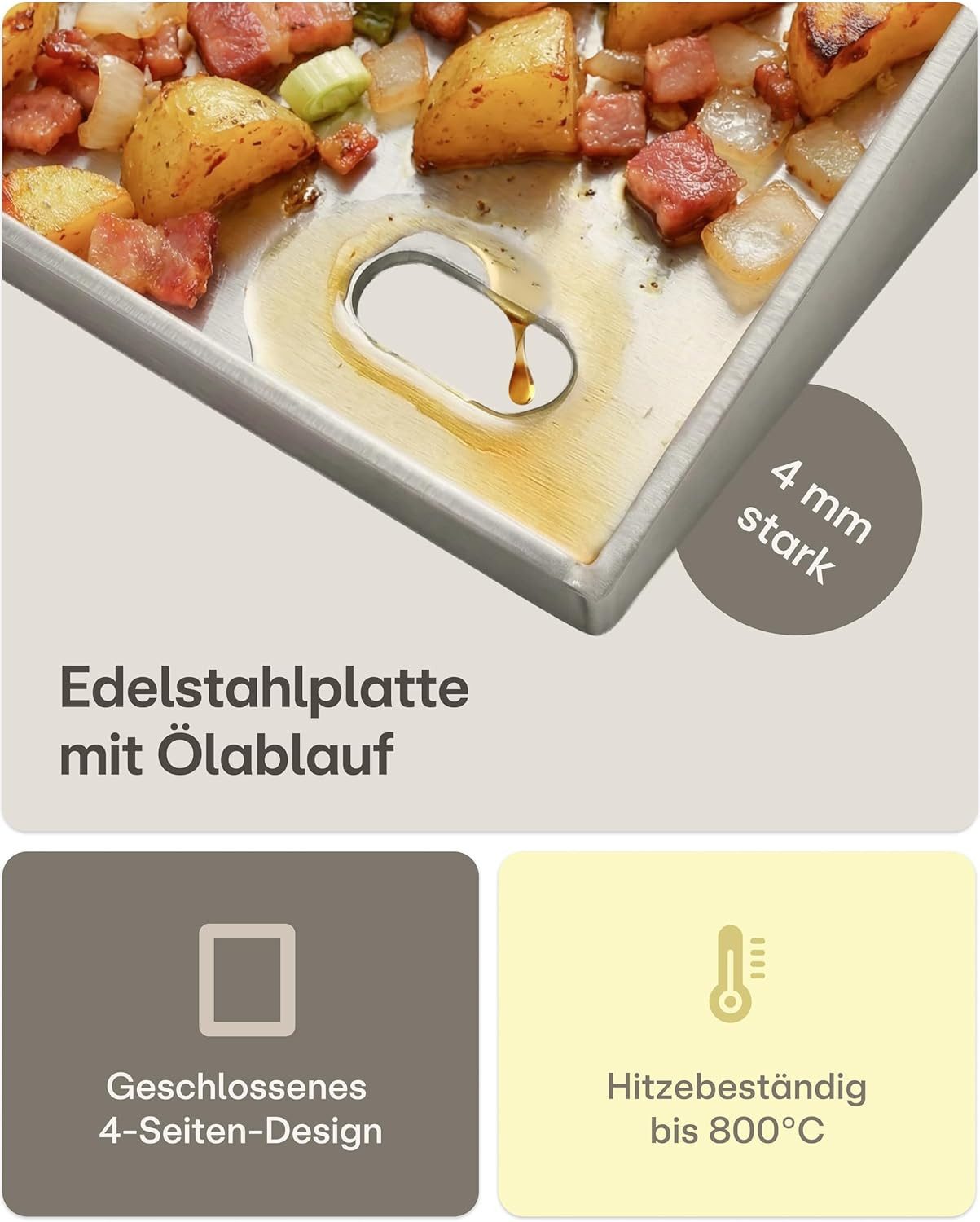 Praknu Grillplattenaufsatz Plancha Edelstahl 40x30cm – Teppanyaki, Fettablauf, 2 Grillspatel, Edelstahl, (Set mit Zubehör, Edelstahl-Plancha 40x30cm, 2 Spatel,  – Bild 3 von 5