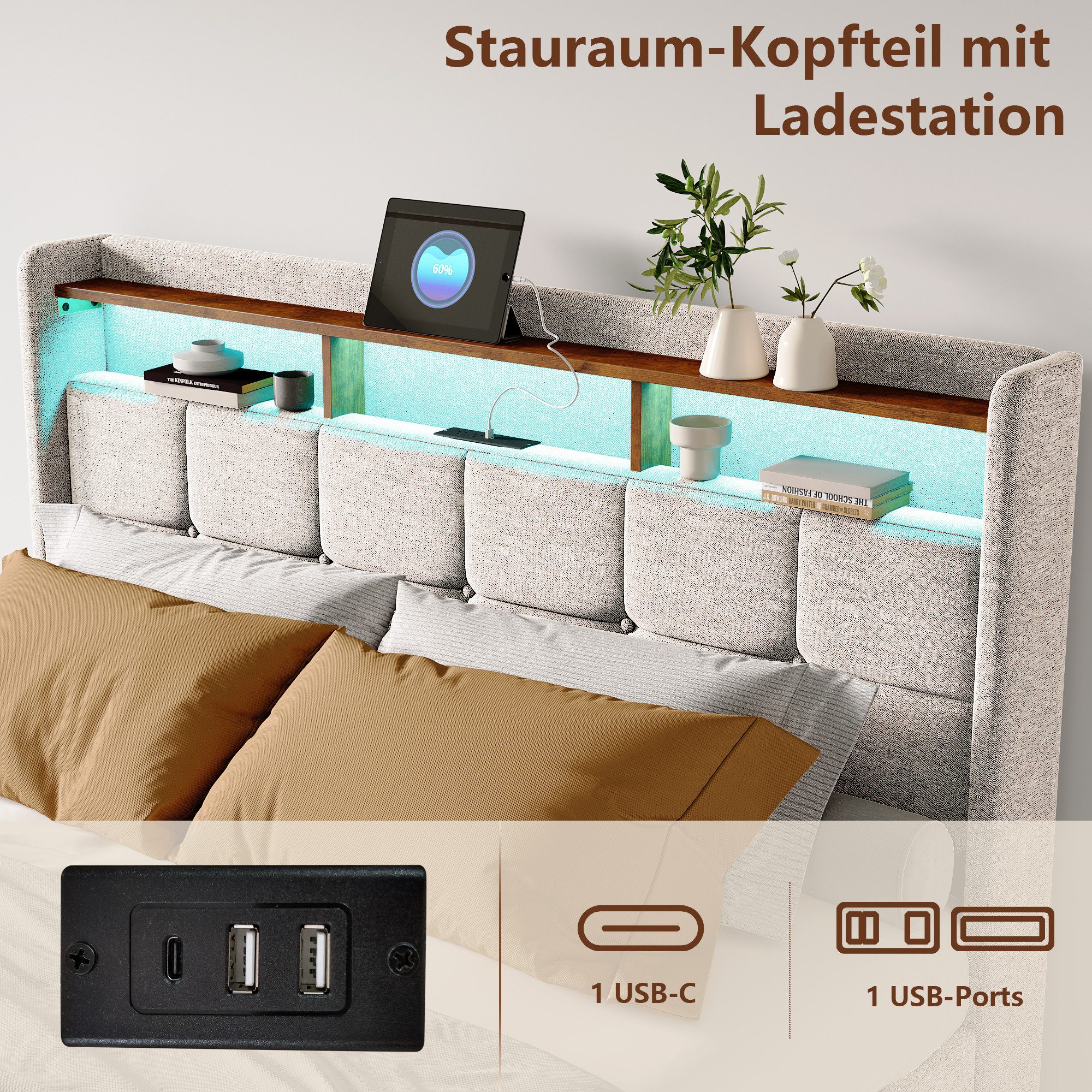 ADWOLT Polsterbett LED Doppelbett Bettgestell mit Stauraum (Set, 1-tlg., mit 4 Schubladen Ausgestattet,140x200cm), mit Lattenrost, Kopfteil,Leinen,ohne Matratze,Beige