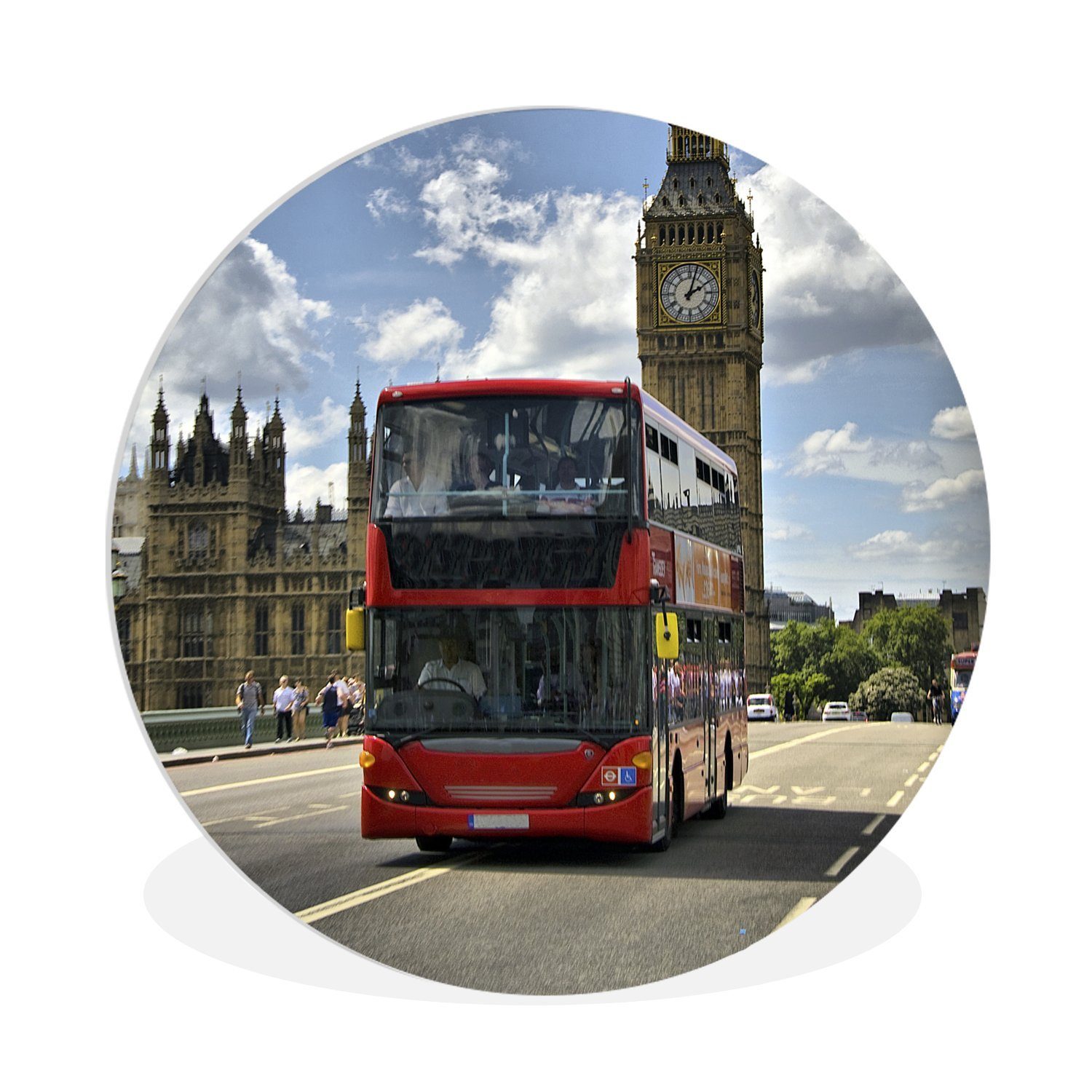 MuchoWow Gemälde Ein roter Bus mitten in London, (1 St), Kreis Wanddekoration Forex, Rundes Wandbild, Wohnzimmer, 30x30 cm
