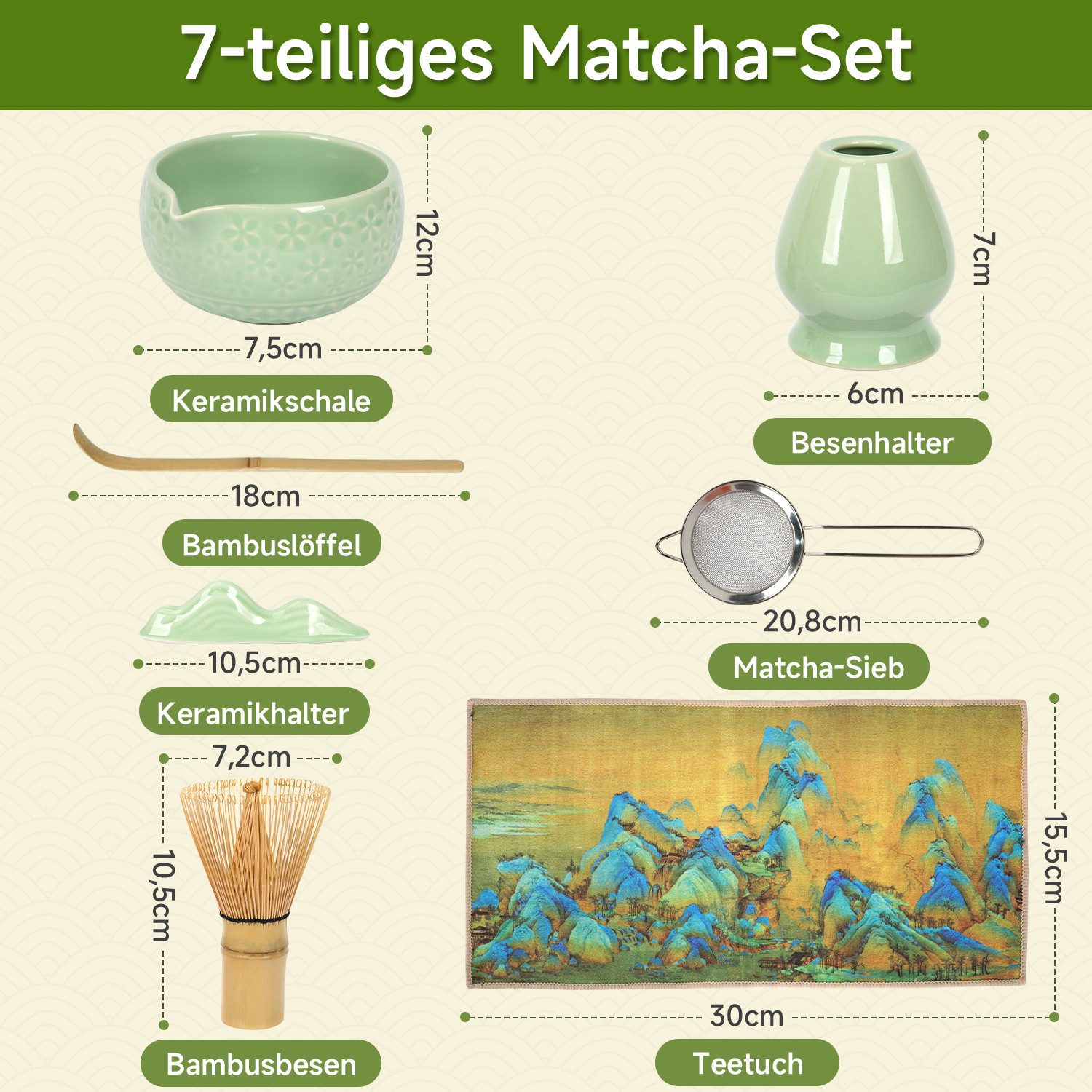 OSTWOLKE Teeservice Matcha Set 7-Teiliges Keramik, Bambusbesen, Schale & Zubehör, Matcha Tee Set für Matcha-Liebhaber – Bild 4 von 5
