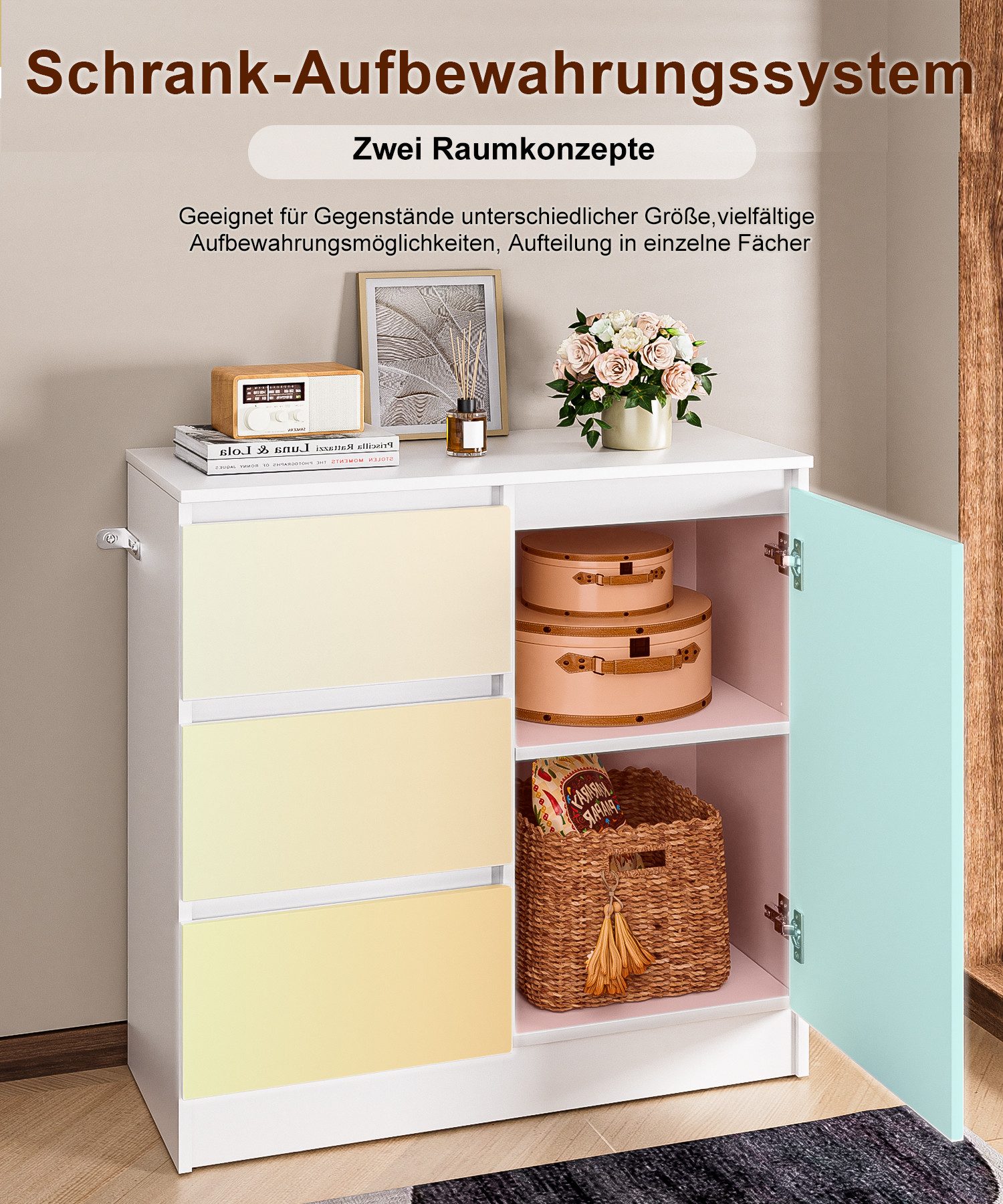 Yorbay Sideboard Weiß Kommode 80.5cm Beistellschrank mit 1 Türen und 3 Schubladen, 1 versteckten kleinen Schublade Maße:80.5x35x79cm – Bild 5 von 5