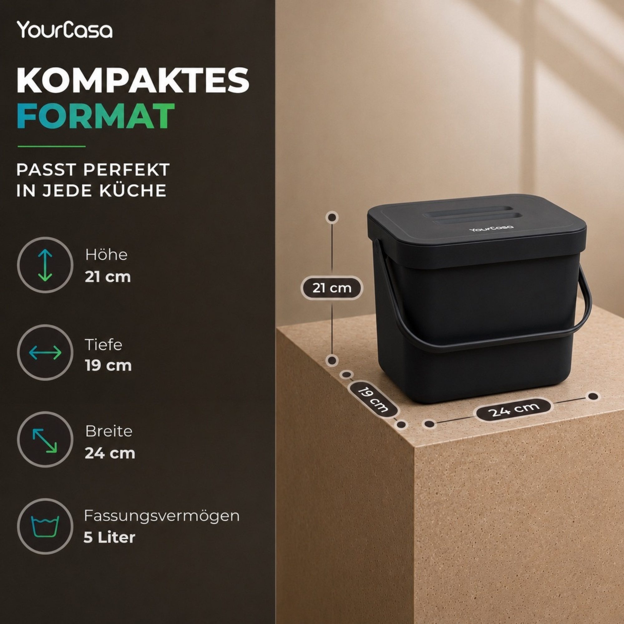 YourCasa Biomülleimer Küche 7L mit Halterung, Sieb und Deckel, 7 Liter, Mit Halterung – Bild 5 von 5