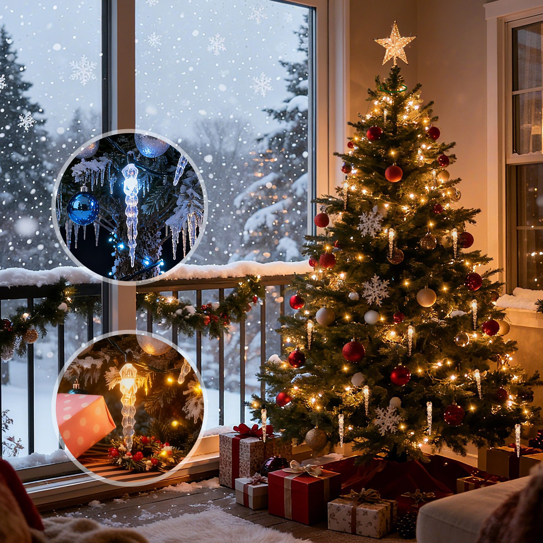 Salcar LED-Lichterkette Eiszapfen LED Lichterkette Weihnachtsbaum mit Warm+Kaltweiß funkelnden, 11 Modi/ 1,5m 8 Girlanden für 60cm - 150cm Tannenbaum