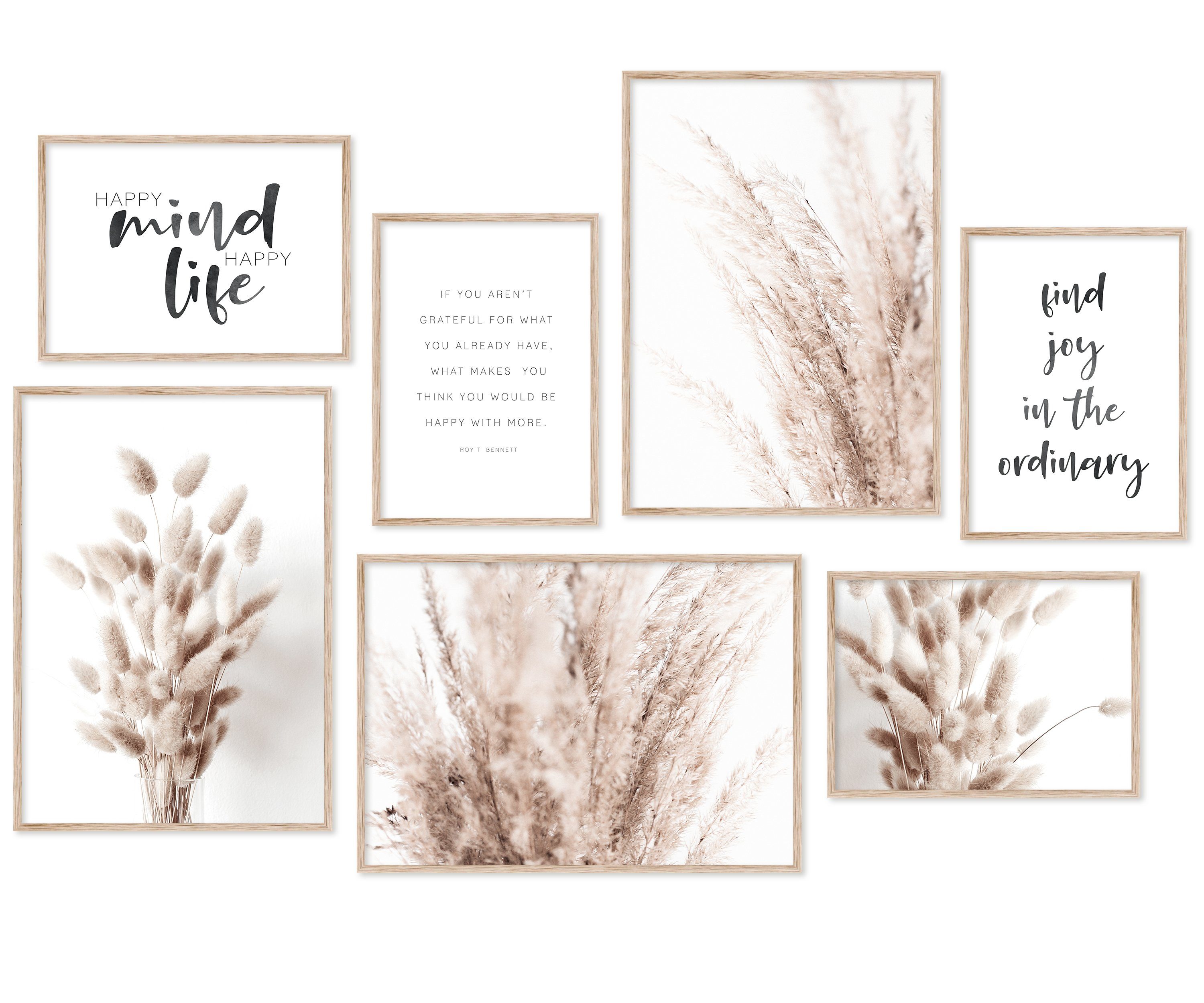 Hyggelig Home Poster Pampasgras - Premium Poster Set OHNE & MIT Rahmen - 7 Wandbilder Boho, Blumen (Set, 7 St), Collage happy life, Qualitätsdruck dickes Papier