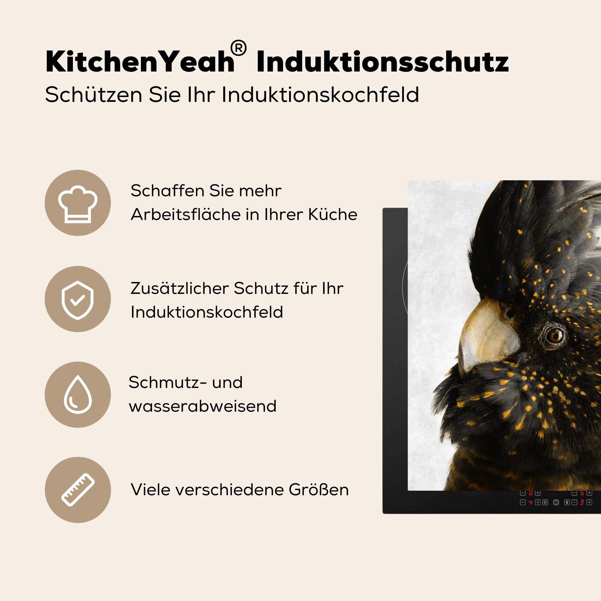 Kakadu MuchoWow Ceranfeldabdeckung, (1 küche - Beton, 78x78 Vinyl, Gold - - cm, Herdblende-/Abdeckplatte Arbeitsplatte für tlg), Schwarz