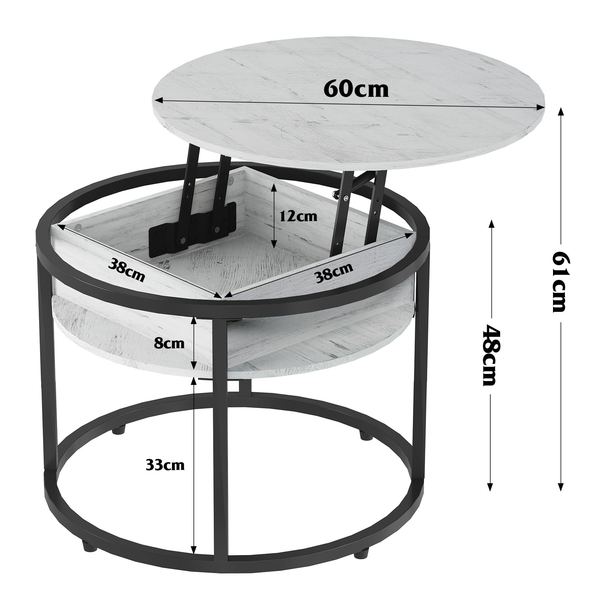 WLIVE Couchtisch Couchtisch Höhenverstellbarer Runder, 2-facher Stauraum & Ablage (Packung, 1 Tisch), Beistelltisch aus Holz & Metall, höhenverstellbar, 60 x 60 x 48-61 cm
