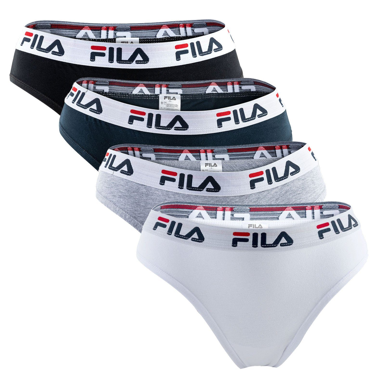 Fila Slip Damen Brazilian Slip - 4er Pack, Logo-Bund, Cotton Weiß/Schwarz/Grau/Marine