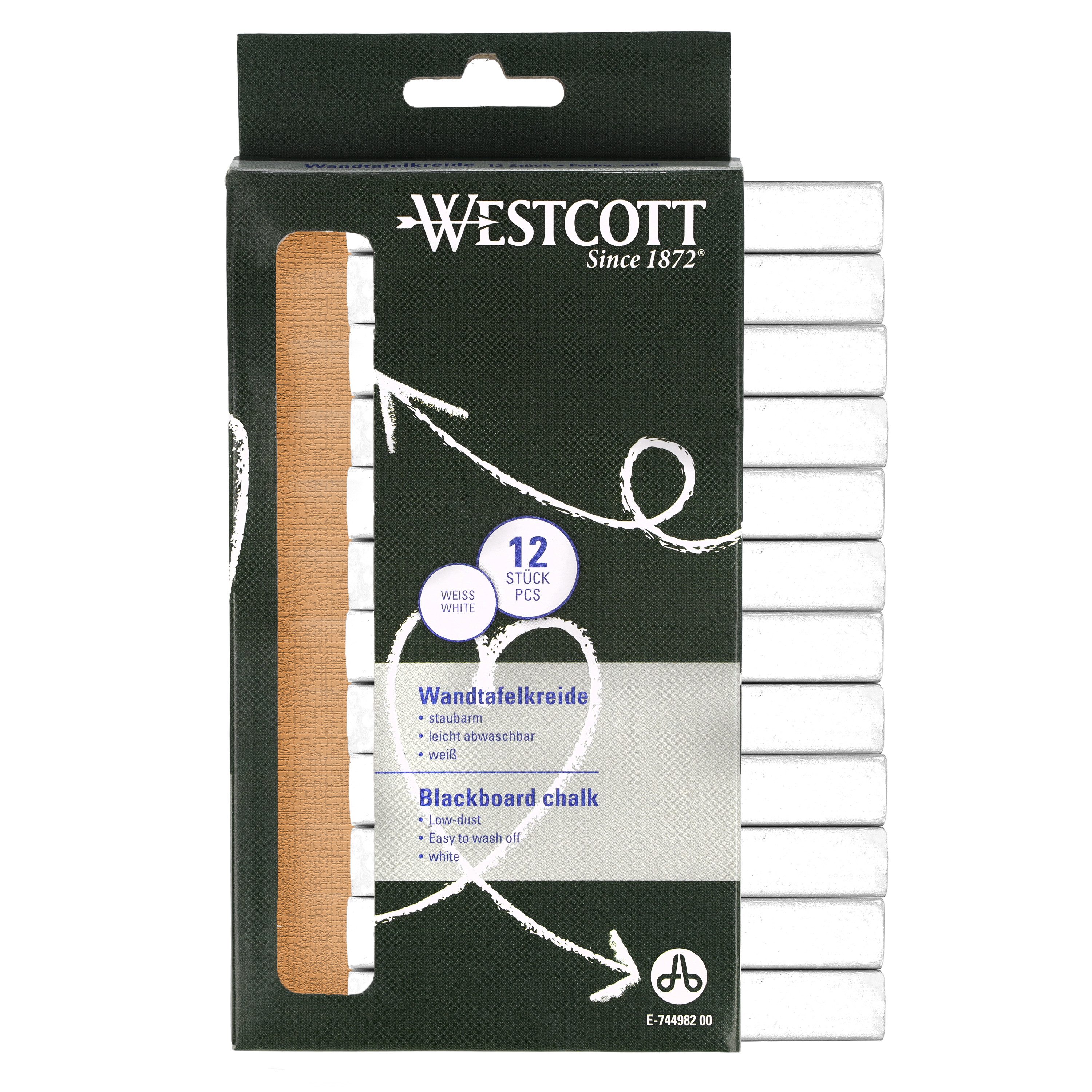 WESTCOTT Malkreide Kreide 12 Stück Weiss, Tafelkreide 1,2cm ⌀ x 8,5cm Kreidestifte, (1-tlg), staubarm & leicht abwischbar