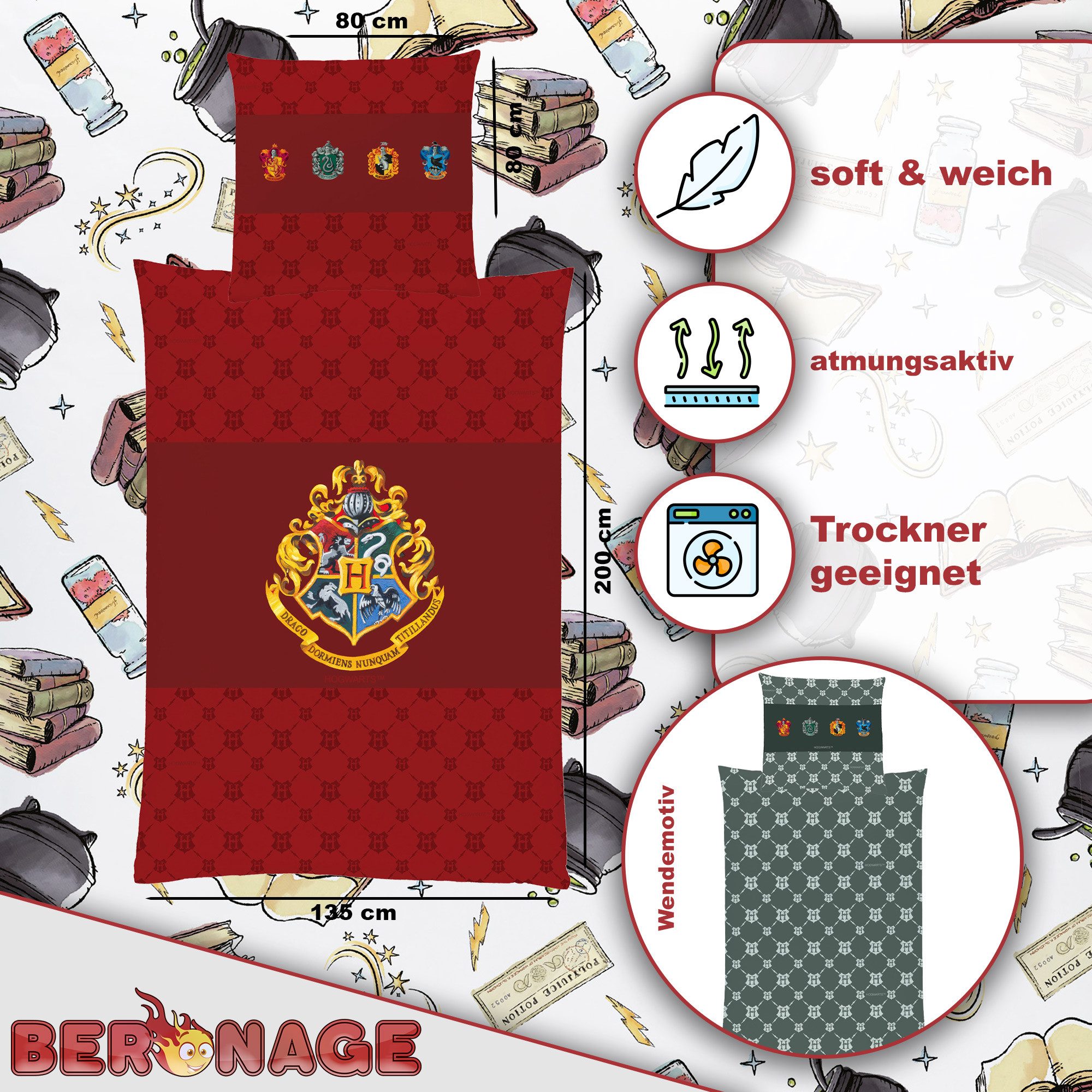 BERONAGE Wendebettwäsche Harry Potter Bettwäsche Zauberschule Rot Linon / R günstig online kaufen