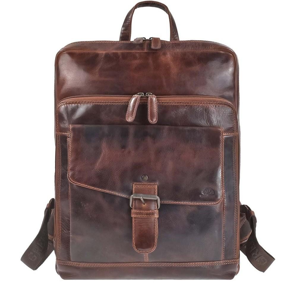 Greenburry Notebookrucksack "Rugged" Leder 30x39cm teak braun, Rucksack, Freizeitrucksack, Leder, Business mit Notebookfach