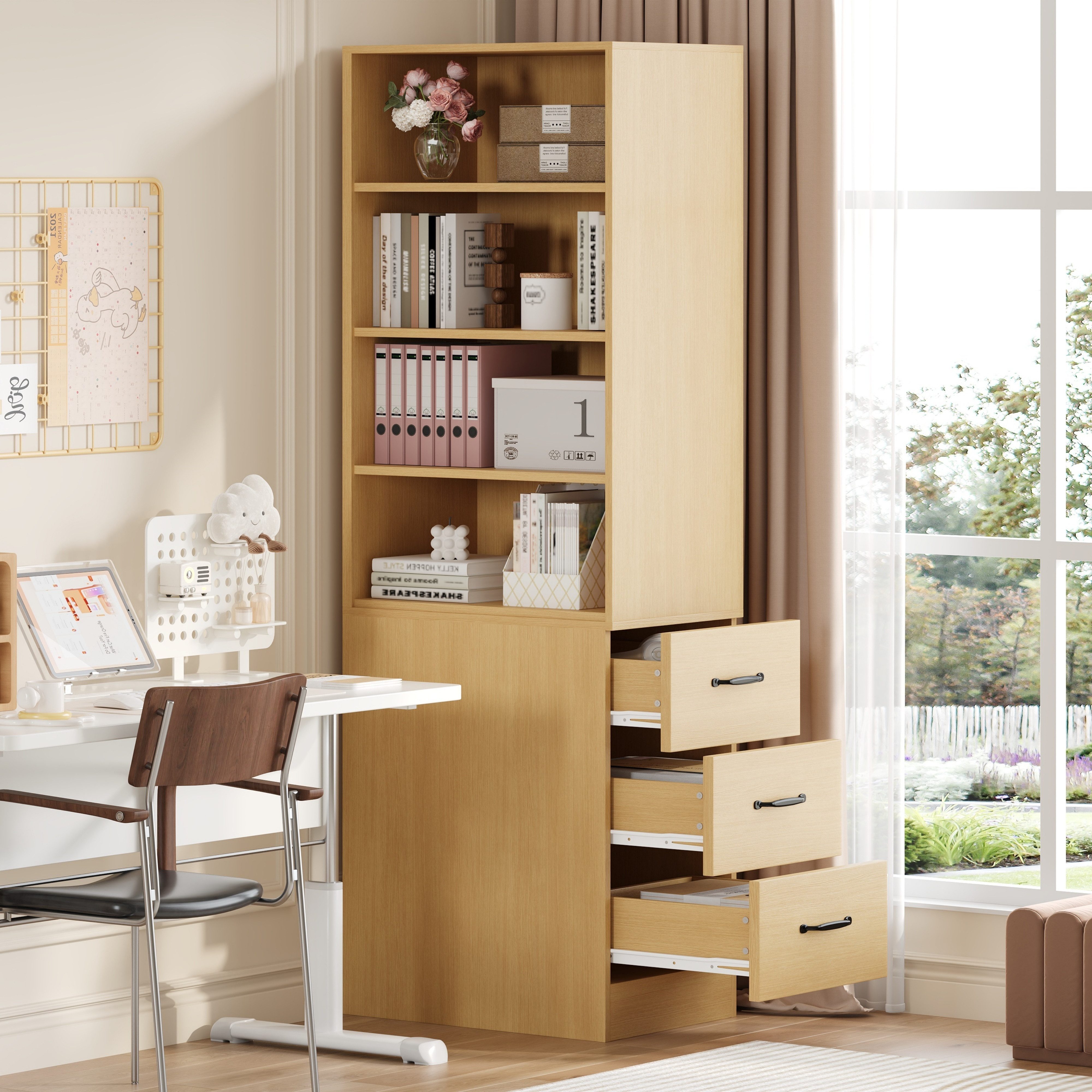 Flieks Bücherregal mit seitlichen Schubladen, links und rechts austauschbar, B60/T38/H180 cm 1-tlg., Hochschrank mit verstellbaren Einlegeböden Wohnzimmerschrank Natur