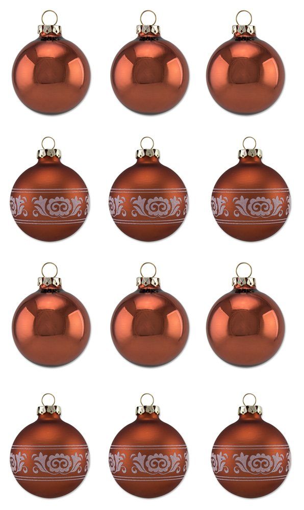 Thüringer Glasdesign Weihnachtsbaumkugel Kupfer mit Glitzer Dekor Romantikbordüre - Christbaumkugeln aus Glas Rot Braun (12 St), aus Glas