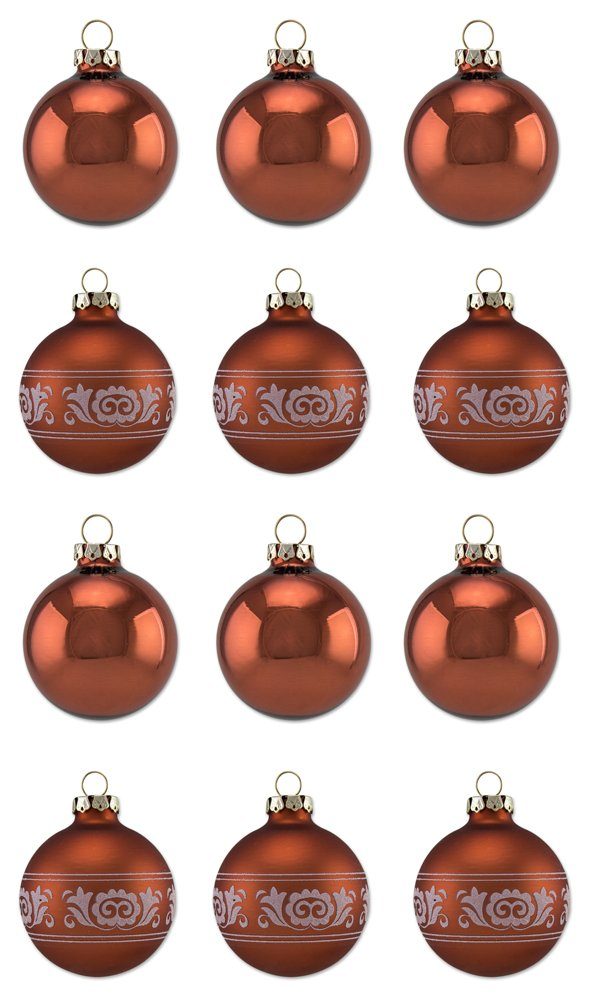Thüringer Glasdesign Weihnachtsbaumkugel Kupfer mit Glitzer Dekor Romantikbordüre - aus Glas Rot Braun (12 St), aus Glas