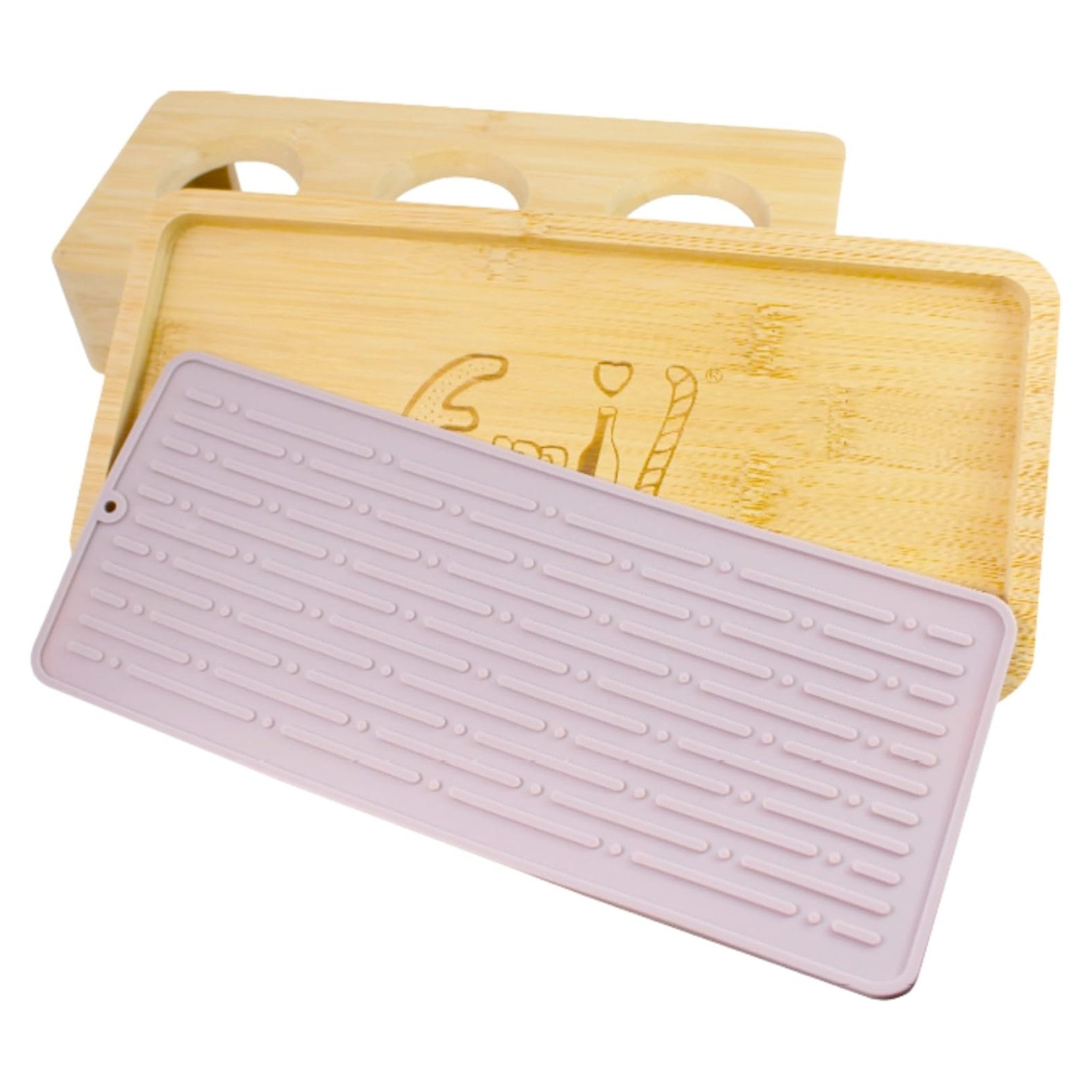 Emil Abtropfmatte Abtropfständer Bambus, Zubehör für Emil Trinkflaschen, Glasflaschen, 3-teiliger Flaschenhalter, BPA-Frei, mit Auffangschale für Wasser