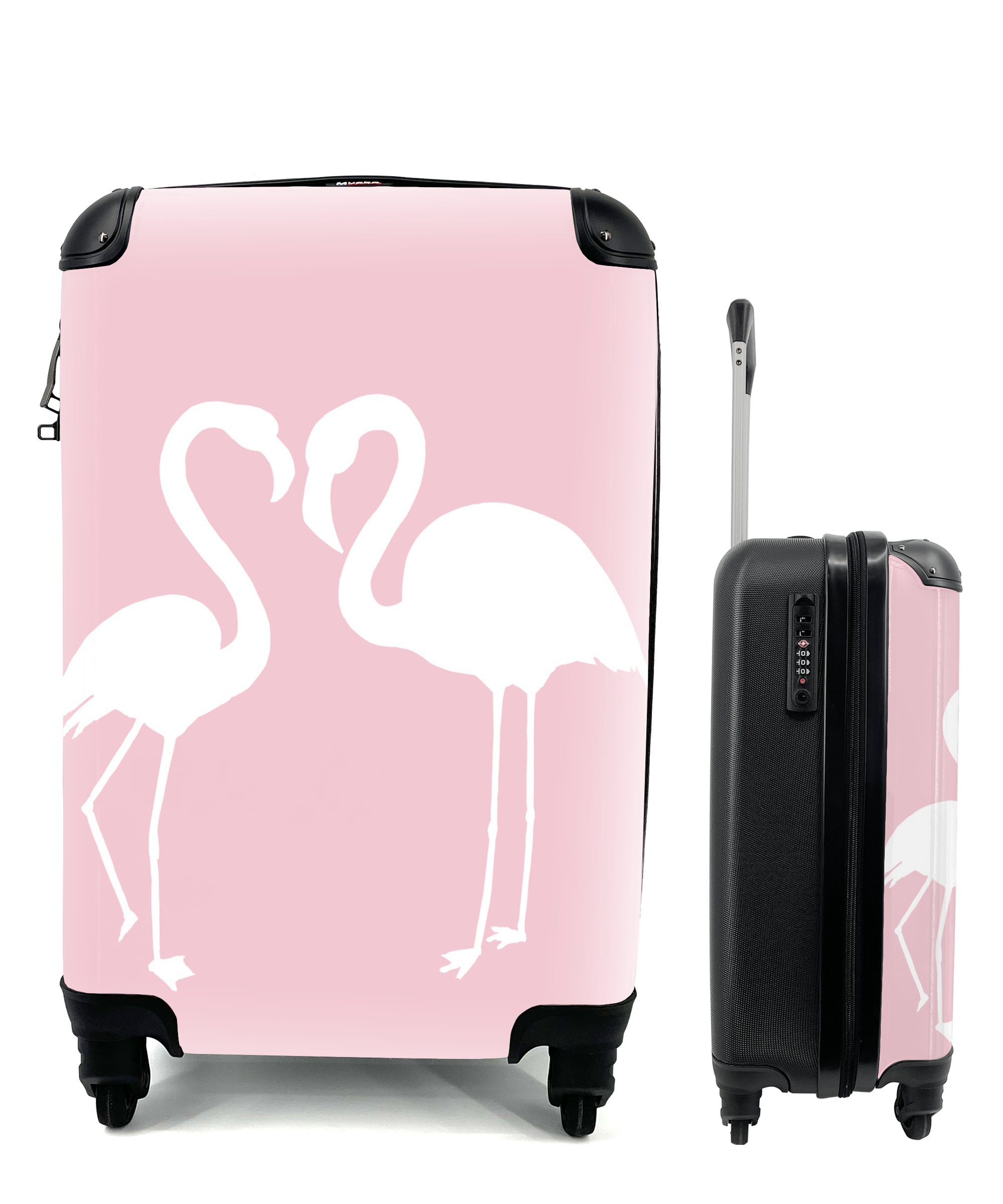 MuchoWow Handgepäckkoffer Rosa - Herz - Flamingo, 4 Rollen, Reisetasche mit rollen, Handgepäck für Ferien, Trolley, Reisekoffer