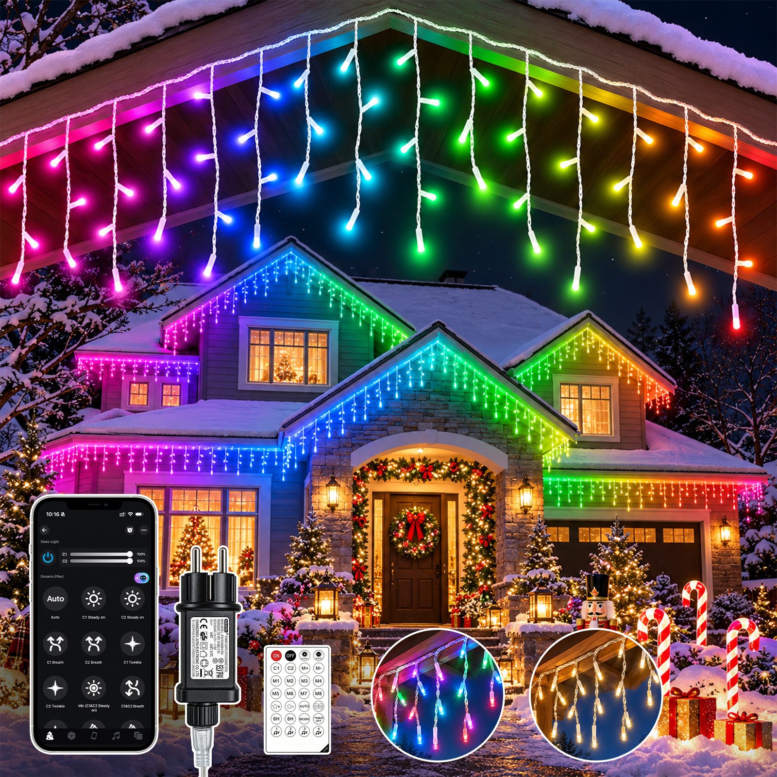 XIIW Lichtervorhang 5M Warmweiß+Bunt LED Eisregen Lichterkette Strom Weihnachtsbeleuchtung, APP DIY Stufenlos Dimmbar, 17 Modi, Speicherfunktion Timer 31V Stecker