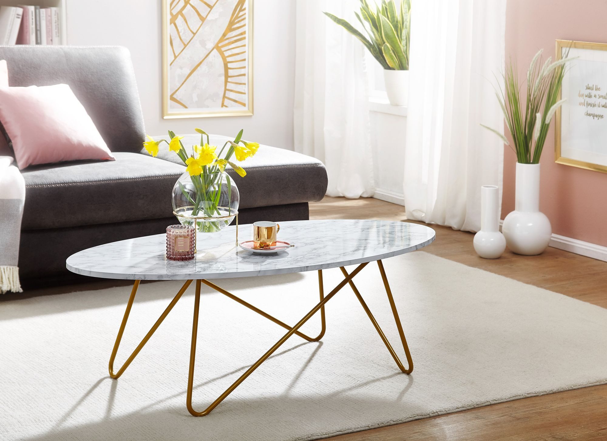 Wohnling Couchtisch WL6.315 Marmor Optik Weiß 120cm Wohnzimmertisch Oval Tisch Sofatisc (120x40x60 cm mit Marmor Optik Weiß Oval Modern), Sofatisch mit Metallgestell, Wohnzimmertisch