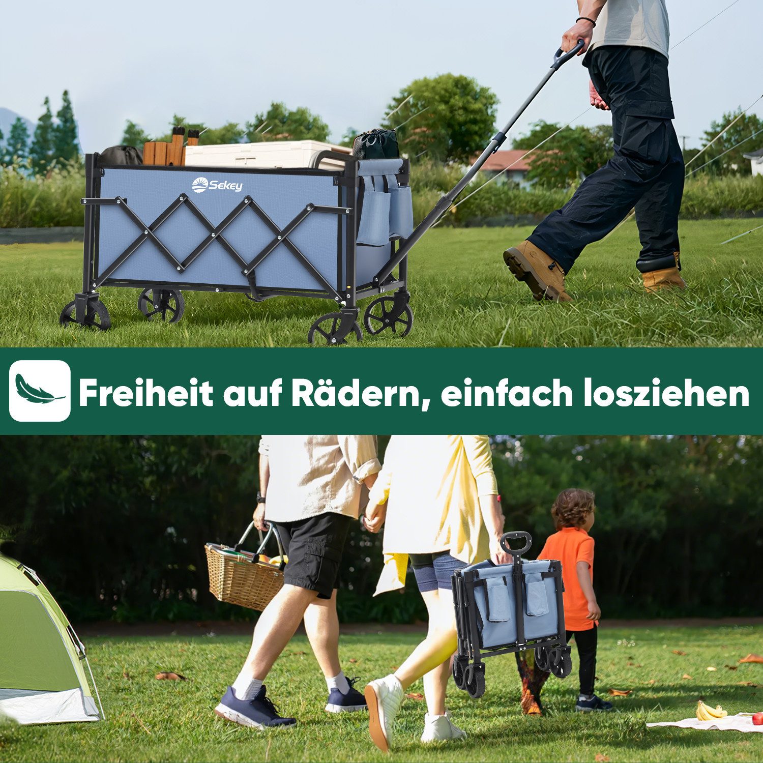 Sekey Bollerwagen Ultraleicht Faltbarer Handwagen Transportkarre bis zu 80kg / 100kg, 80 KG / 60 L Einkaufswagen Campingwagen mit Höhenverstellbarem Griff
