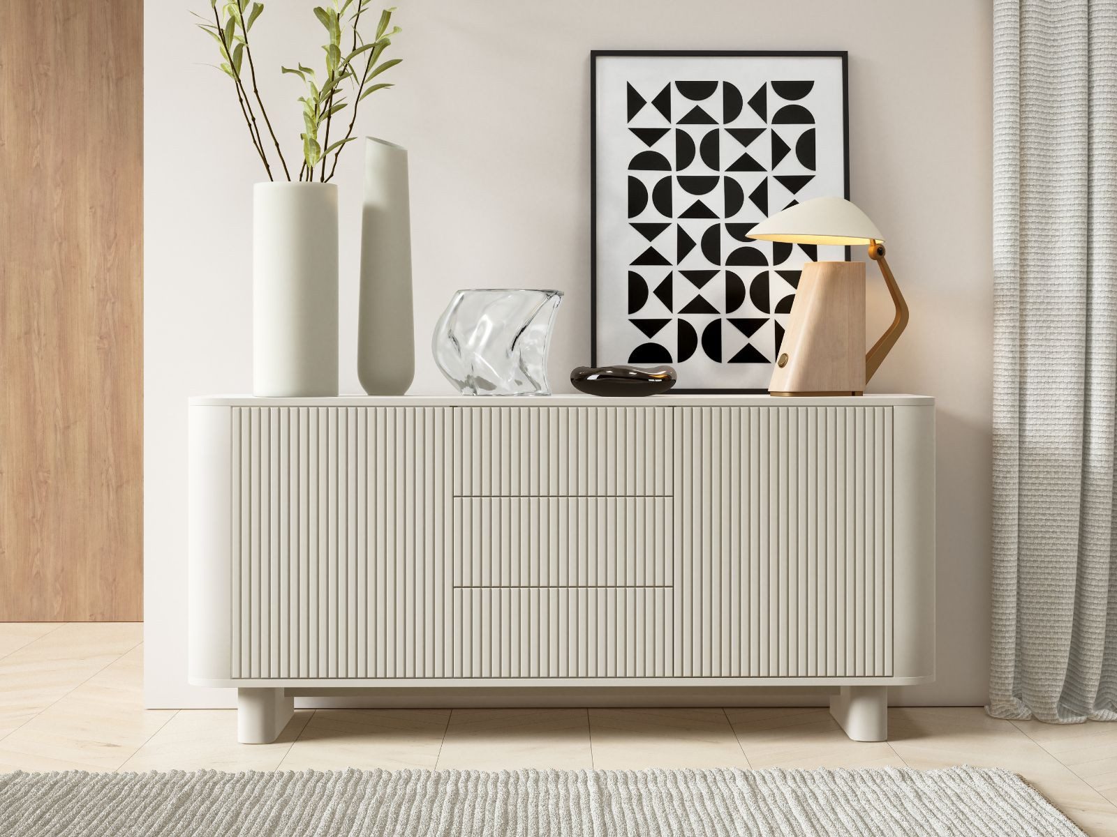 Compleo Kommode mit 3 Schubladen AKARI, Japandi Design, Nussbaum oder Kaschmir