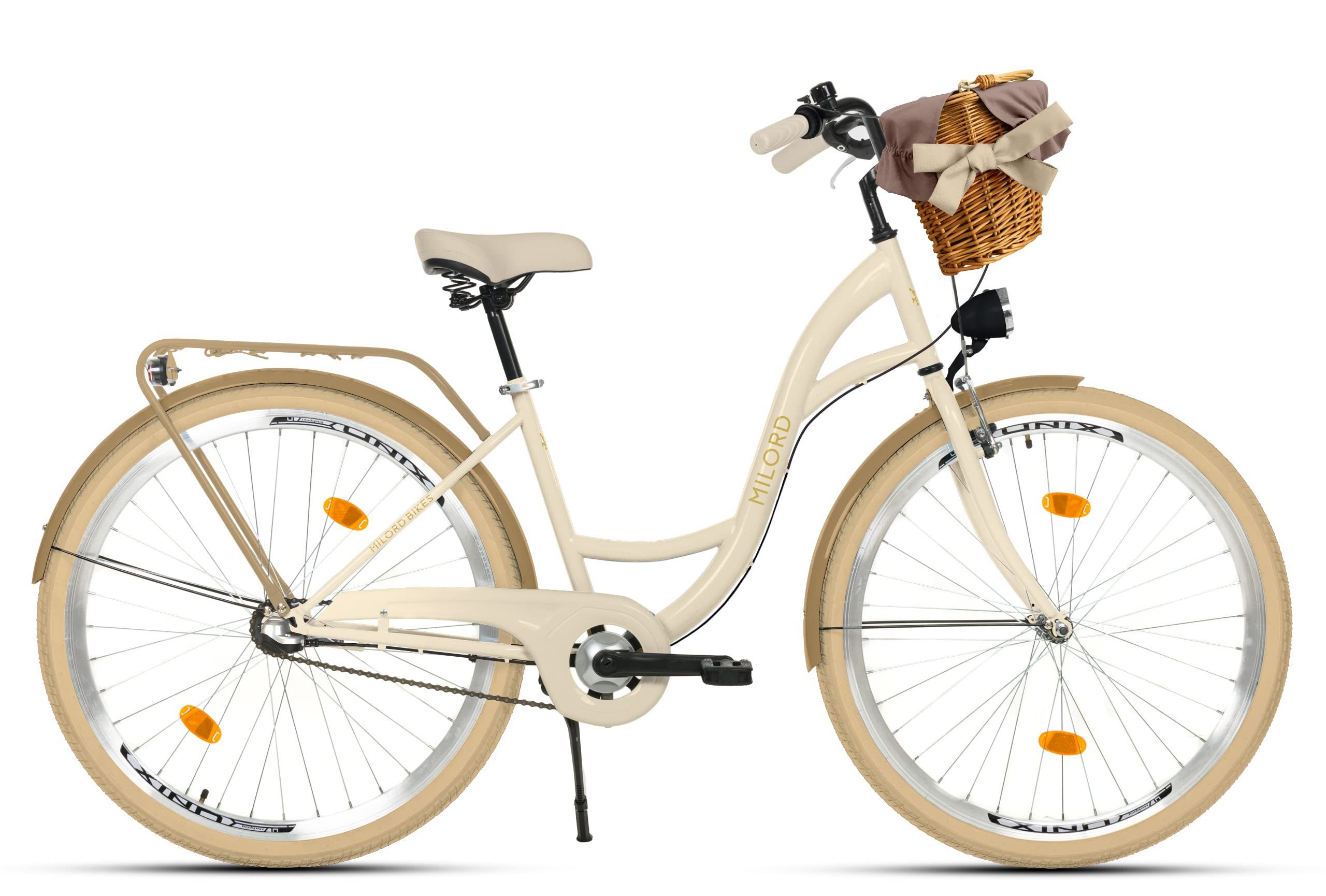 Milord Cityrad Milord City Fahrrad Weidenkorb Damen, 28/26 Zoll, Creme-Braun, 3-Gang, 3 Gang, (Fahrradständer, Gepäckträger, Klingel, Korb, Kotflügel)