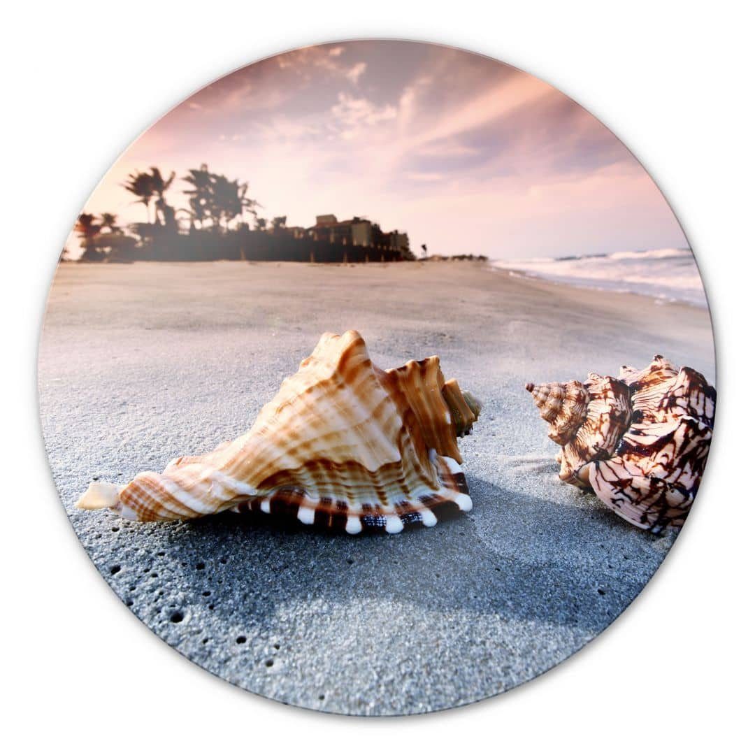 K&L Wall Art Glasbild Glas Wandbild Rund Glasbild Maritim Badezimmer Strand Muschel, Wandschutz Deko Bilder