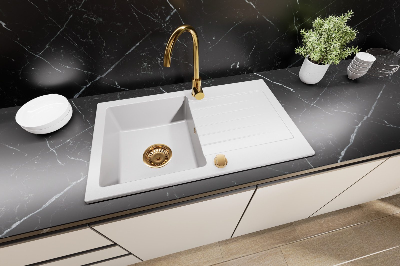 Granitspüle Faizee Home Granitspüle 75x43,5 cm Armatur & Siphon Gold, 5 Farben