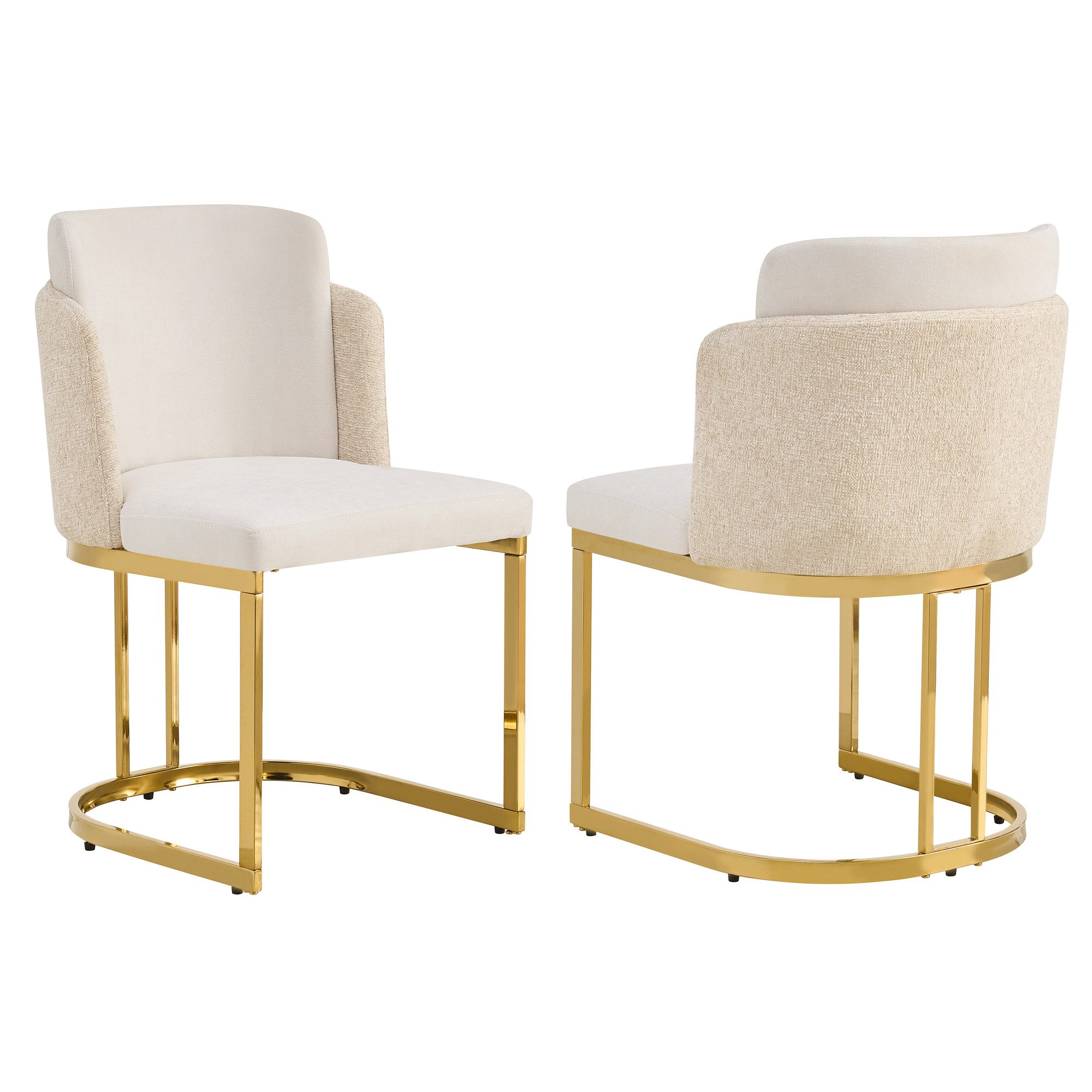 Flieks Freischwinger Bezug aus Chenille-Stoff, galvanisierte Metallbeine (mit verstellbaren Fußpolstern, Set, 2 St), 2er Set Esszimmerstühle Polsterstühle mit doppelter Rückenlehne Beige