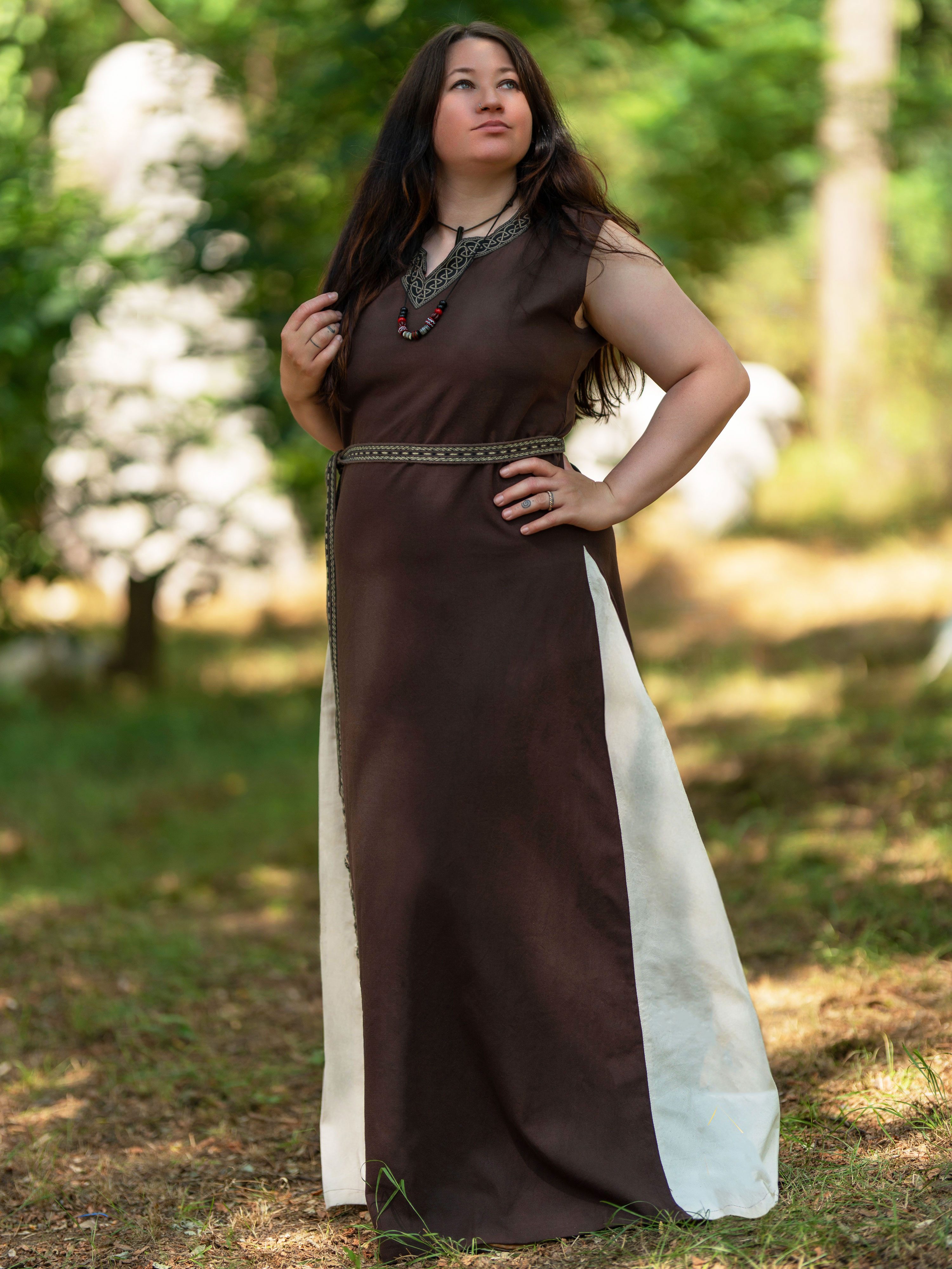 Vehi Mercatus Burgfräulein-Kostüm Mittelalter Kleid mit Schnürung ärmellos Braun / Natur "Juta"