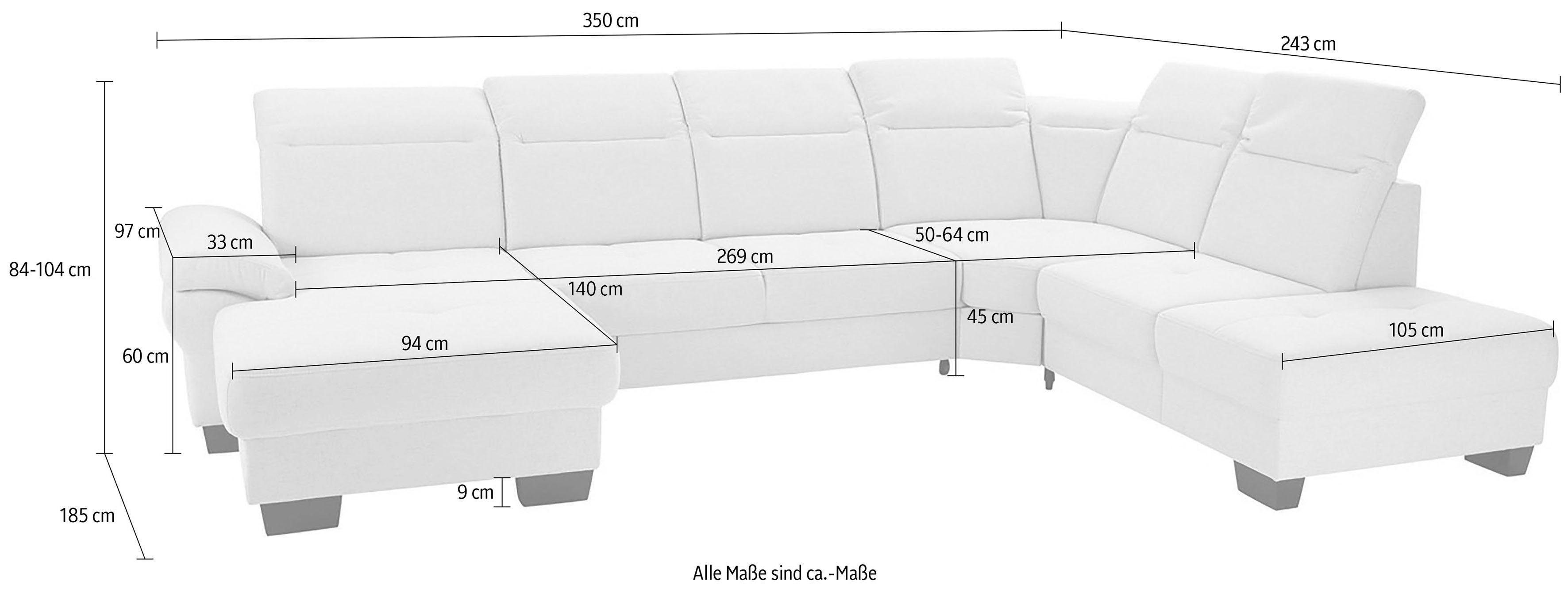Places of Style Wohnlandschaft Cornwall U-Form, inkl. Sitztiefenverstellung, wahlweise mit Bettfunktion