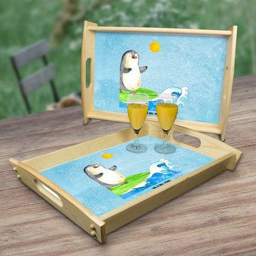 Mr. & Mrs. Panda Tablett Pinguin Surfer - Eisblau - Geschenk, surfen, Pinguine, Frühstückstabl, Echtholz lasiert, (1-tlg), Kratzfeste Oberfläche