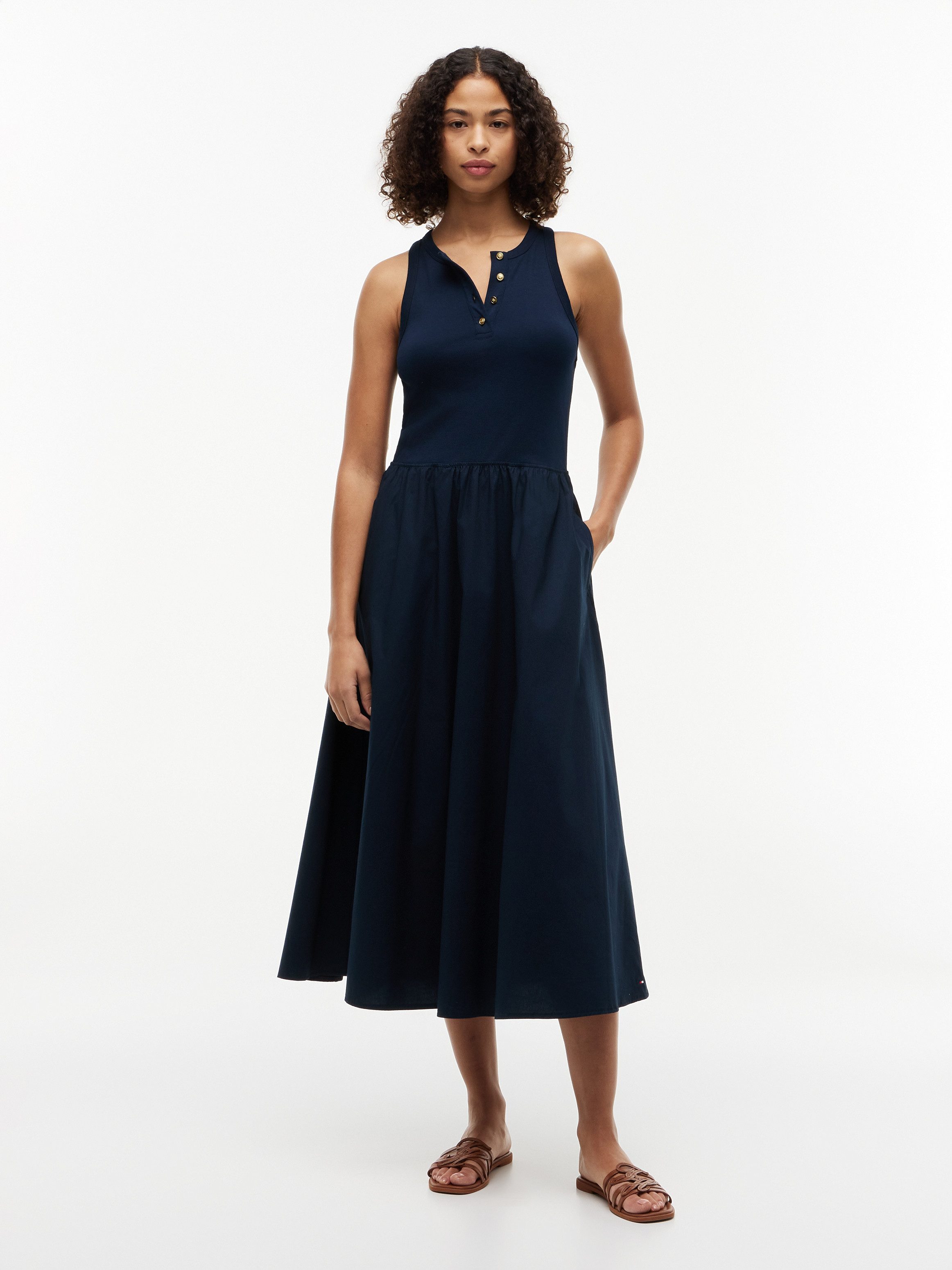 Tommy Hilfiger A-Linien-Kleid GOLD BUTTON POPLIN MIX DRESS Baumwollmischung, mit goldfarbenen Knöpfen