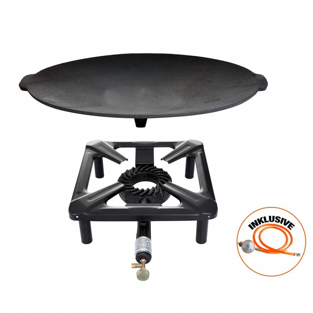 Paella World International Gasgrill Hockerkocher (groß) ohne Zündsicherung, Abmessung 40 x 40 x 14 cm inkl. Gasschlauch & Regler im Set mit wählbaren Zubehör