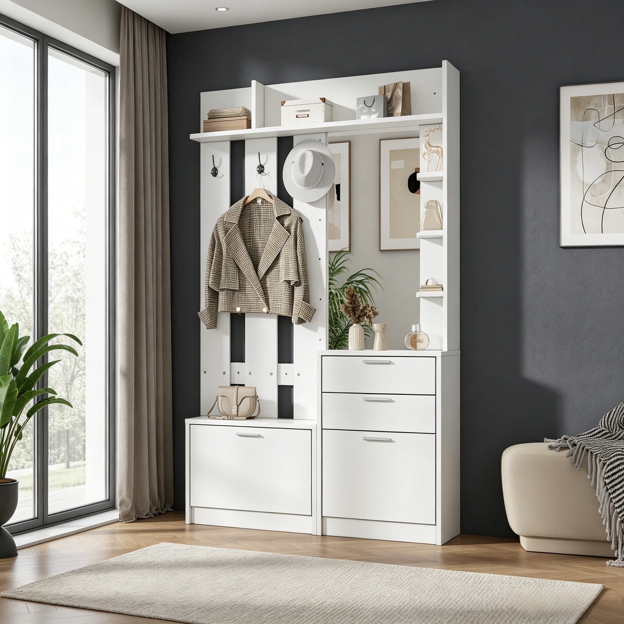 Merax Garderobe mit Spiegel und 2 ausklappbaren Schuhschränken (multifunktionaler Garderobenschrank, 1 St), Flurgarderobe mit 2 Schubladen, 3 Haken und 3 Regalböden, 110x34x185cm