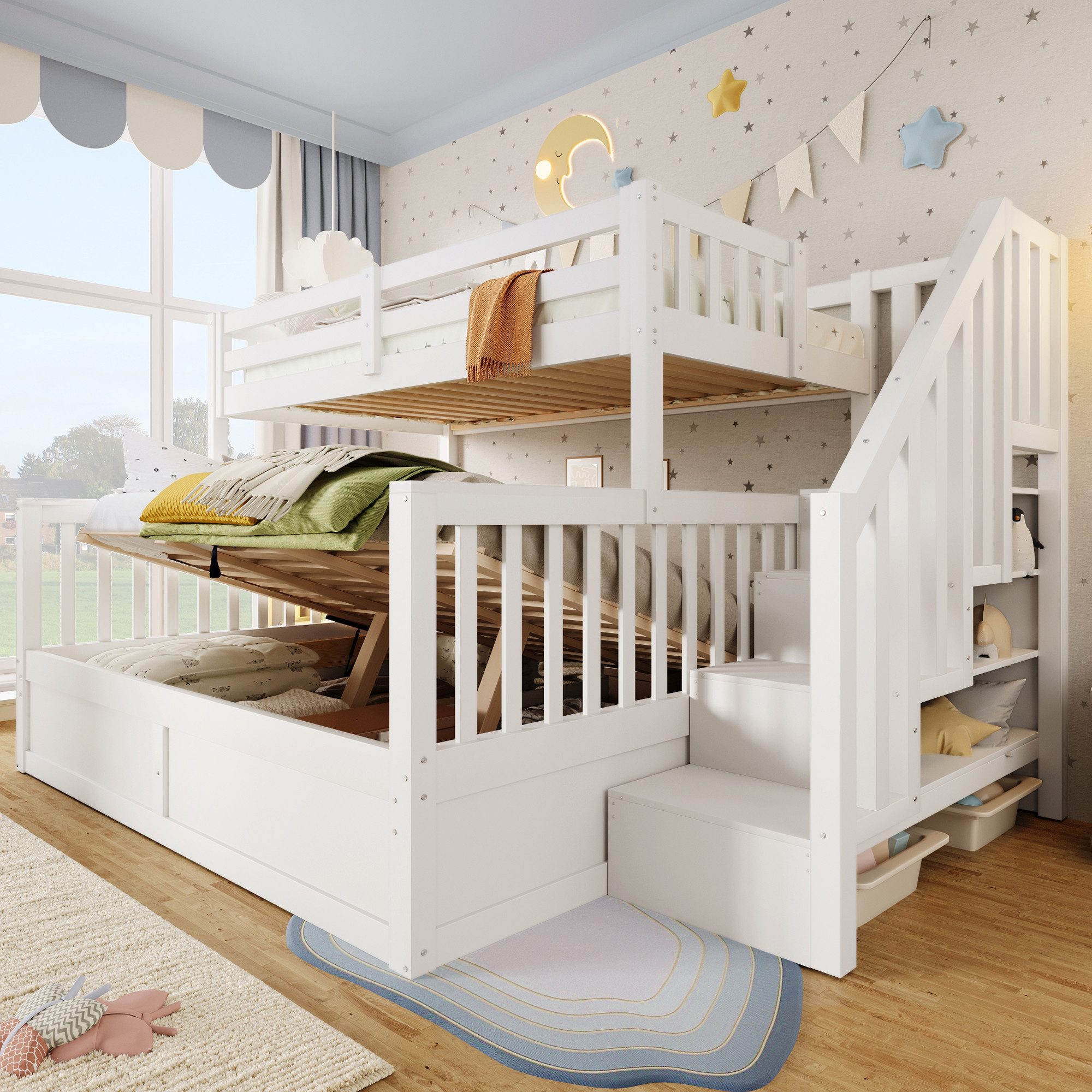 MODFU Etagenbett mit hydraulischem Stauraum, integrierter Ablageleiter (Jugendbett Holzbett,funktionales Mehrpersonenbett, Kinderbett 90x200cm+140x200cm), ohne Matratze