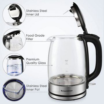 Bonsenkitchen Wasserkocher Wasserkocher aus Glas, 1,7 L 2200 W Wasserkocher mit blauer LED-Beleuchtung, automatischer Abschaltung und Überhitzungsschutz, Innendeckel und Boden aus 304 Edelstahl (BPA-frei), 1,7 l, 2200 W