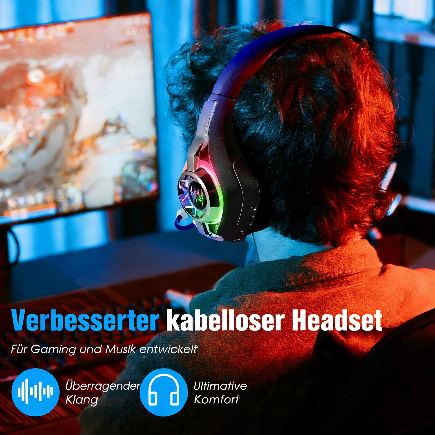 ibettertec 2.4G Wireless Gaming Headset für PC/PS5/PS4/Xbox, Kabelloses Kopfhörer Gaming-Headset (Rauschunterdrückung, Headset Mit Mikrofon Geräuschunterdrückun – Bild 4 von 5