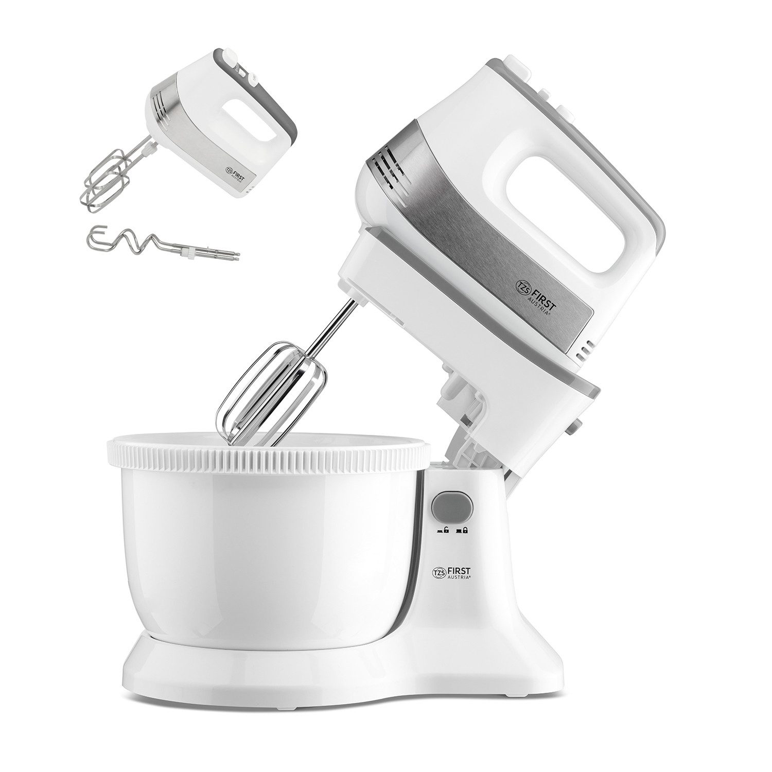 TZS FIRST AUSTRIA Handmixer mit Schüssel 3,5L, Küchen- und Knetmaschine 500W, 500 W, 1 Paar Knethaken, 2 Rührbesen, Rührschüssel