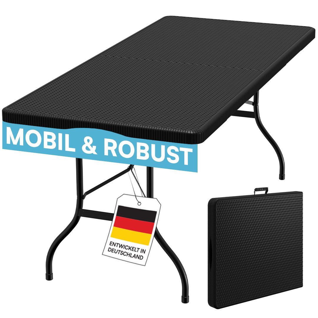 STEELSØN Bierzeltgarnitur Zennar klappbar & wetterfest, (schwarz, Buffettisch Rattanoptik), Gartentisch 180x70 cm, Klapptisch für 8 Personen