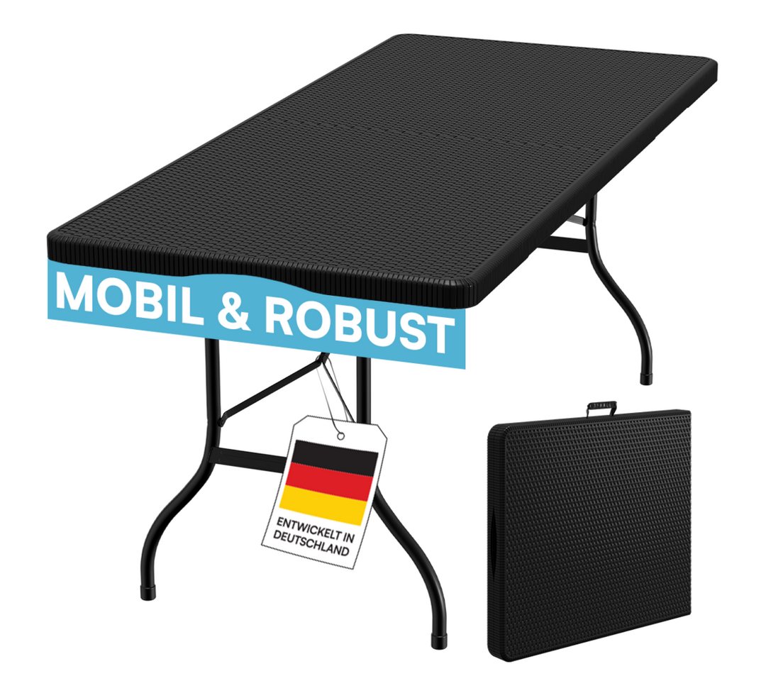 STEELSØN Bierzeltgarnitur Zennar klappbar & wetterfest, (schwarz, Buffettisch Rattanoptik), Gartentisch 180x70 cm, Klapptisch für 8 Personen