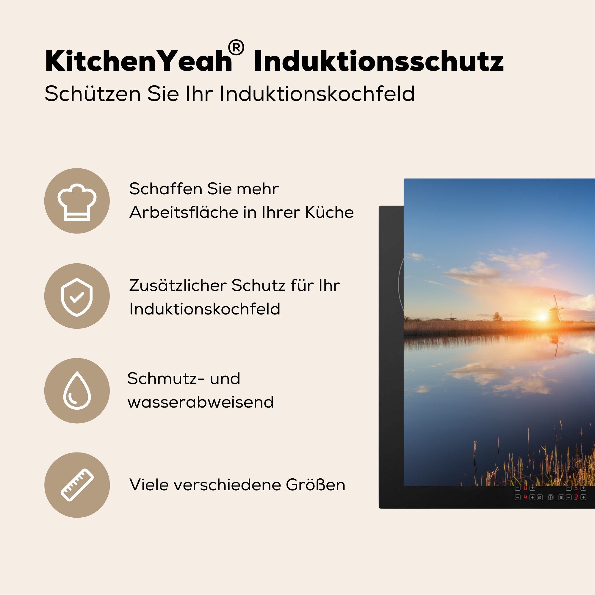 Induktionskochfeld Windmühle küche, Wasser (1 - MuchoWow Ceranfeldabdeckung Vinyl, Herdblende-/Abdeckplatte - tlg), cm, für Schutz Sonne, 81x52 die