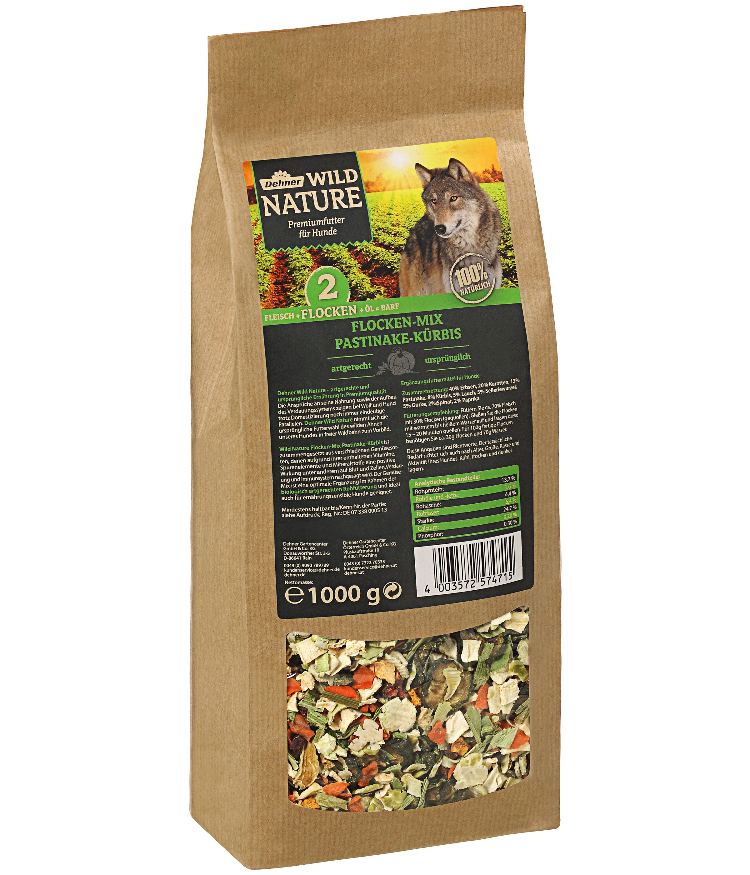 Dehner Wild Nature BARF Ergänzungsfutter Flocken-Mix, 1 kg Pastinake; Kürbis, Ergänzungsfutter für: Hunde, optimale Ergänzung zu rohem Fleisch