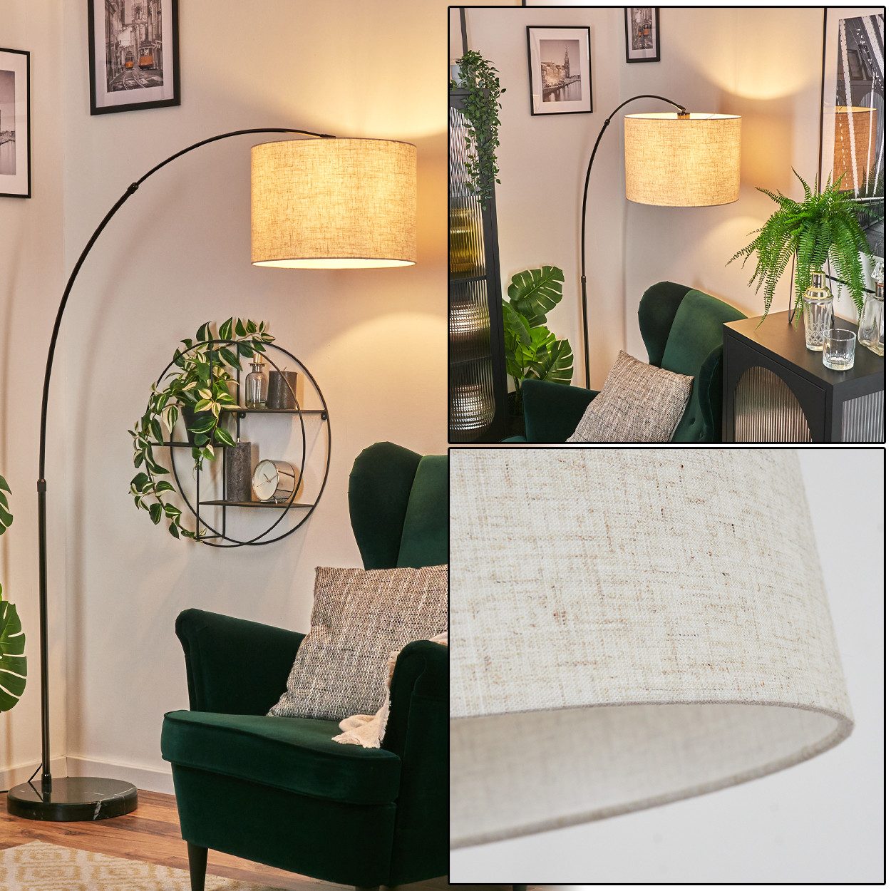 hofstein Bogenlampe Stehlampe mit Marmorfuß aus Metall/Stoff in Schwarz/Chrom/Beige/Weiß, verstellbare Stehleuchte im modernen Design, Ø 40 cm, Fußschalter, E27