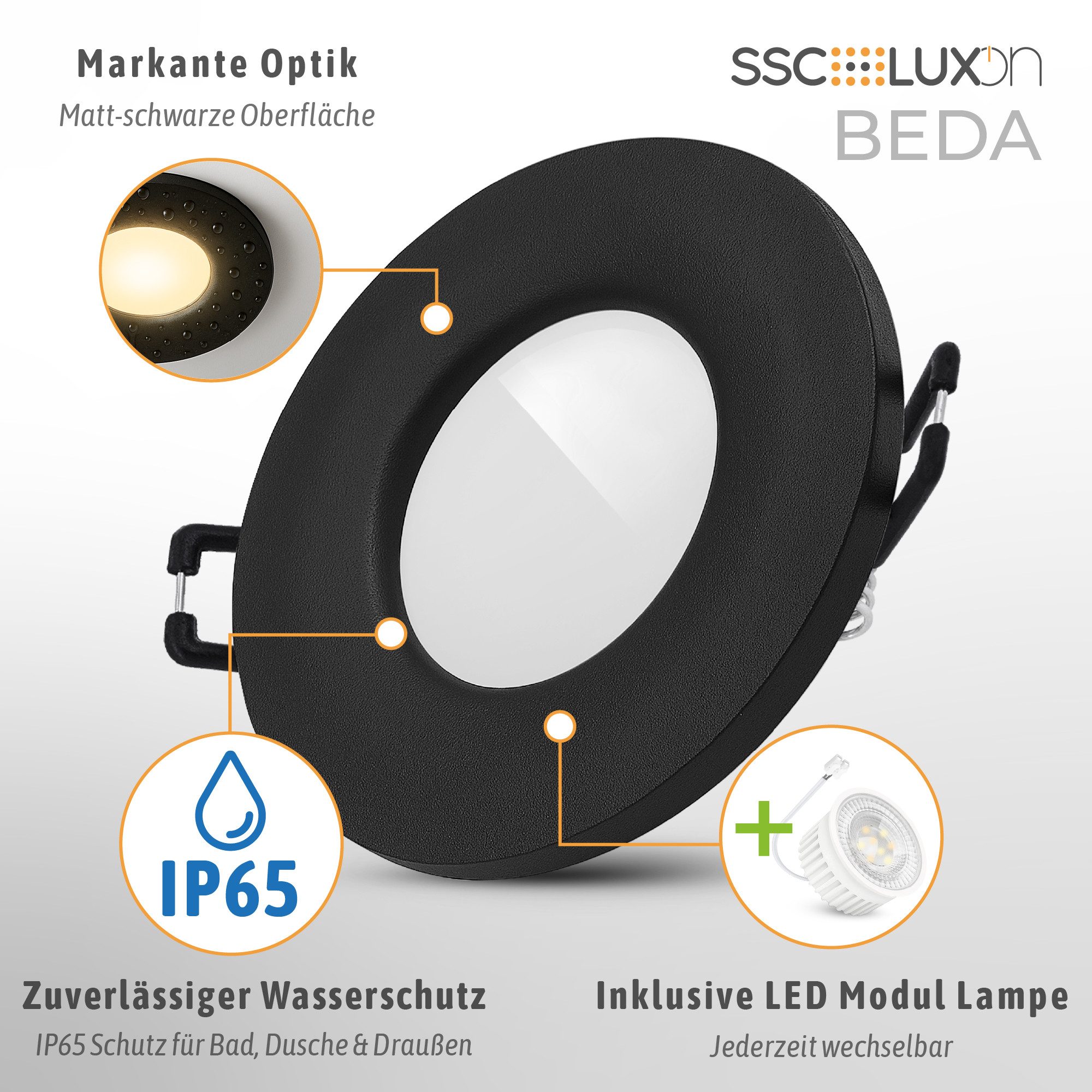 SSC-LUXon LED Außen-Deckenleuchte Einbauspot BEDA Schwarz IP65 mit LED Birne Smart RGB WLAN Deckenlampe, Smart