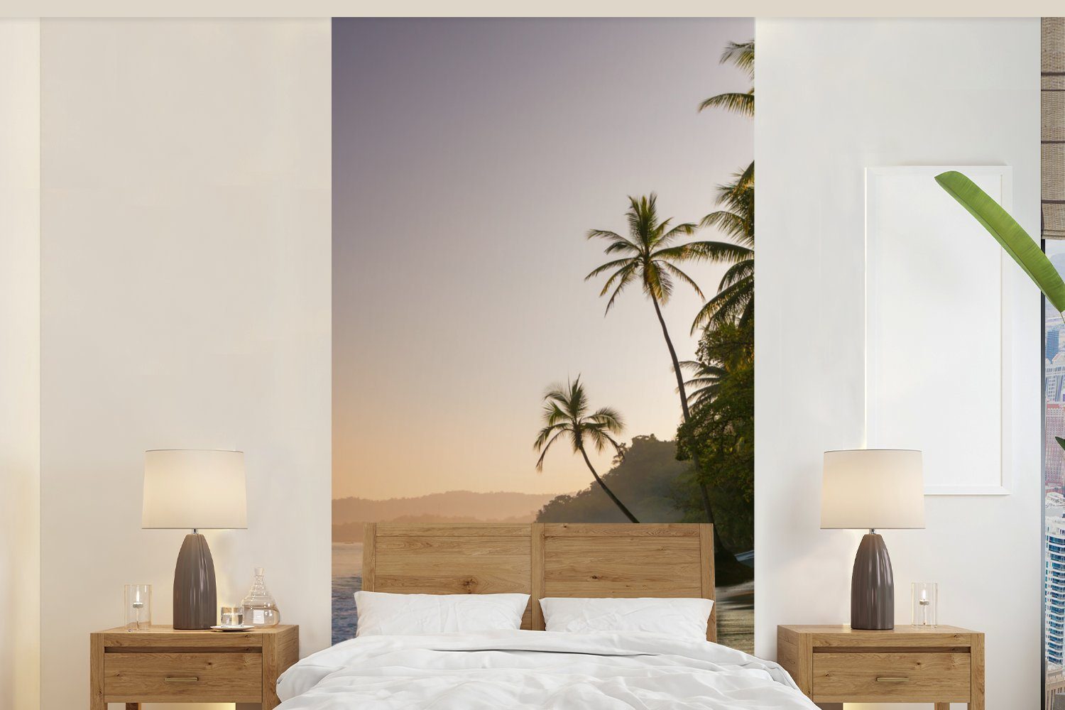 MuchoWow Fototapete Strand - Sonnenuntergang - Tropisch, Matt, bedruckt, (2 St), Vliestapete für Wohnzimmer Schlafzimmer Küche, Fototapete