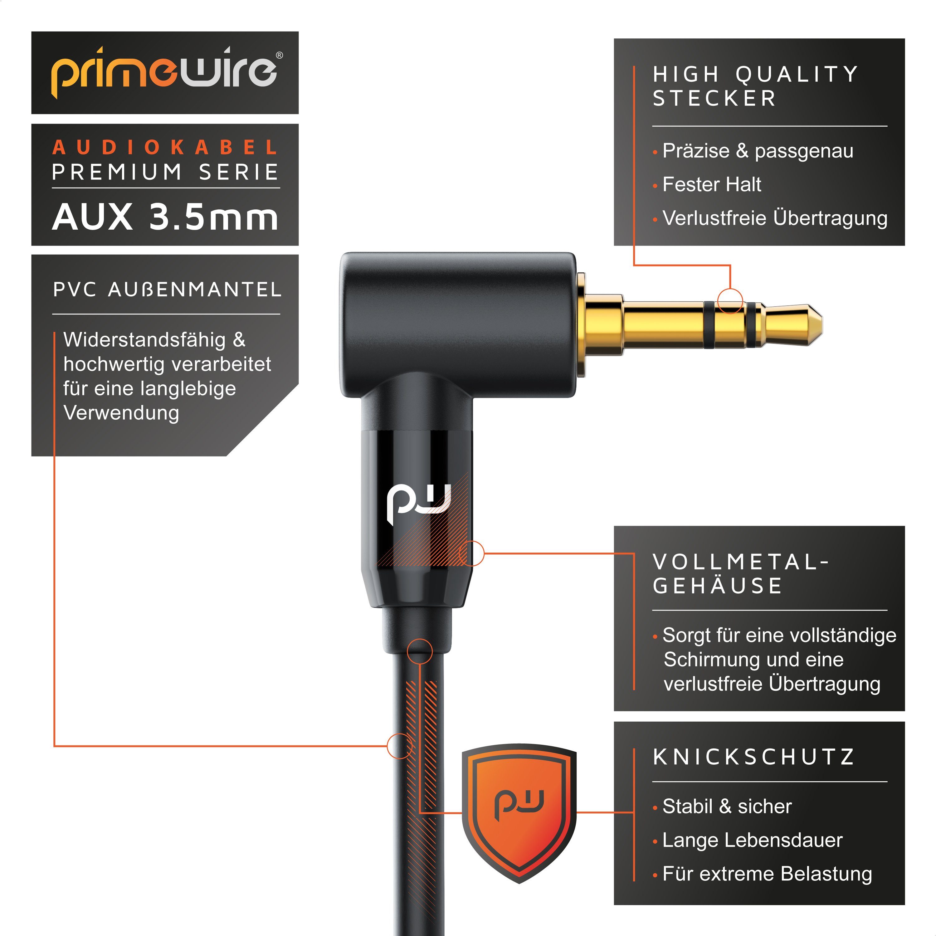 Primewire Audio-Kabel, AUX, 3,5-mm-Klinke (200 cm), HiFi Klinkenkabel Verbindungskabel 90° gewinkelt für Audiogeräte, 2m