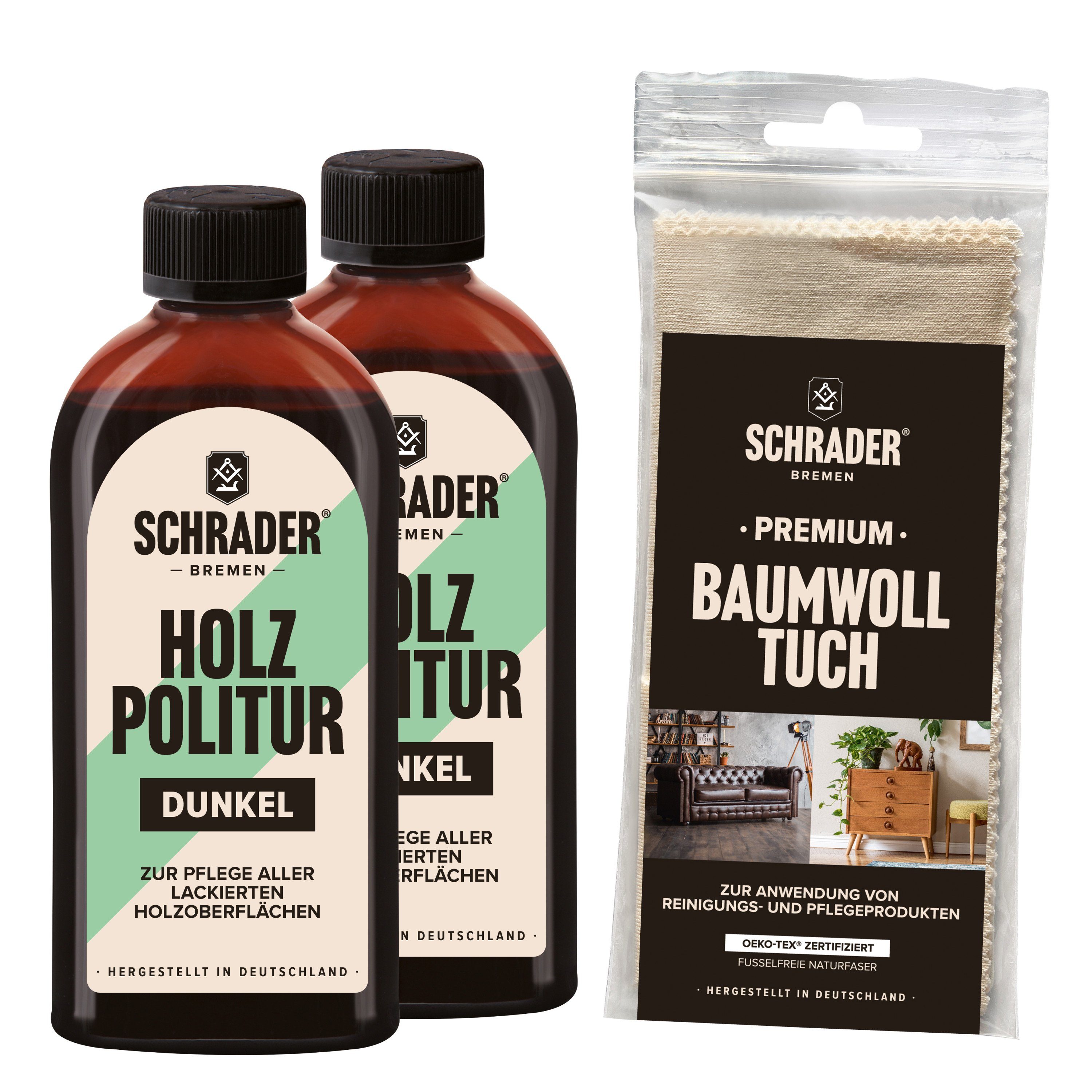 Schrader Holz Politur Dunkel + Baumwolltuch - 2x250ml - Holzreiniger (zum Auffrischen von lackierten Holzmöbeln - Made in Germany)