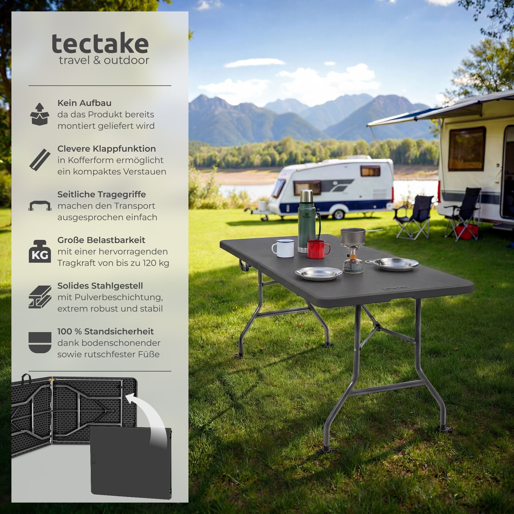 tectake Campingtisch Outdoor-Tisch klappbar, gummierter Tragegriff, 120 kg Belastbarkeit (Klapptisch Panja, 1-St., 1 tlg), Campingtisch zum Zusammenklappen in kompakter Kofferform