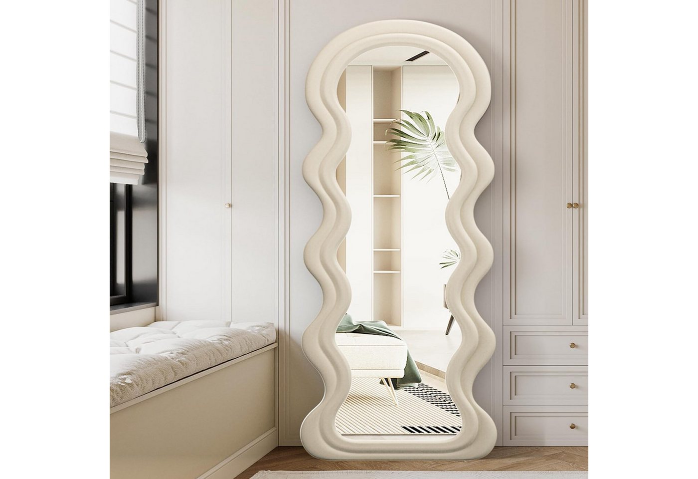 CASSILANDO Ganzkörperspiegel Kreativer Wellenspiegel 63x24", Design mit Holzrahmen, mit weichem Samtstoffrahmen & Sicherheitsglas